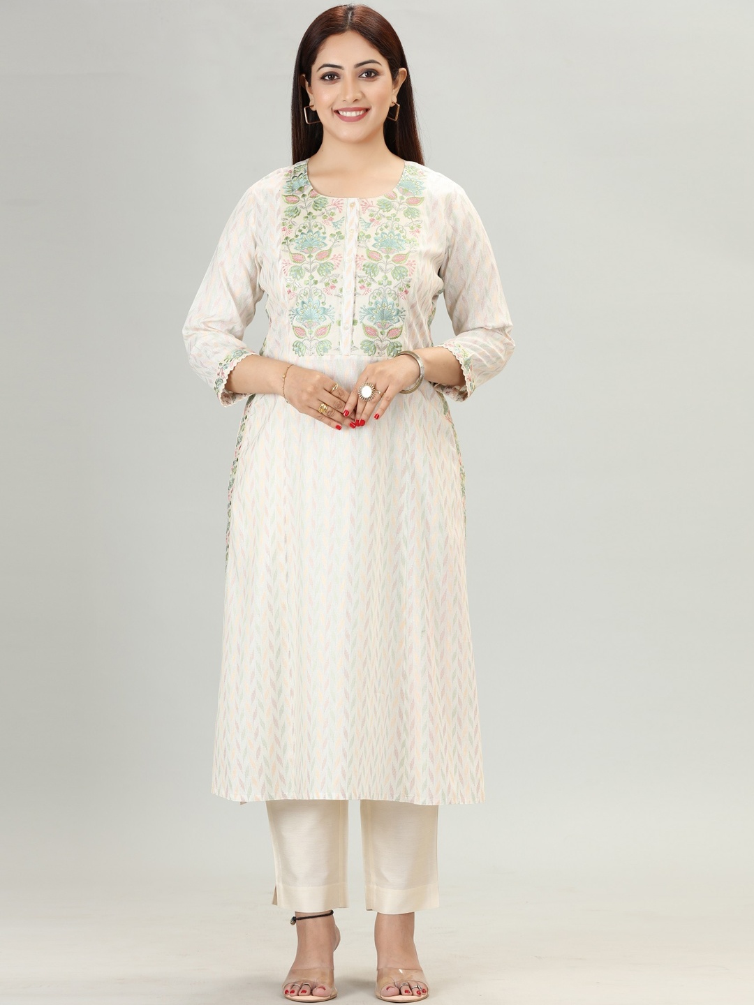 

COTTON CULTURE Floral Printed Regular Thread Work Cotton Kurta with Trousers, Cream