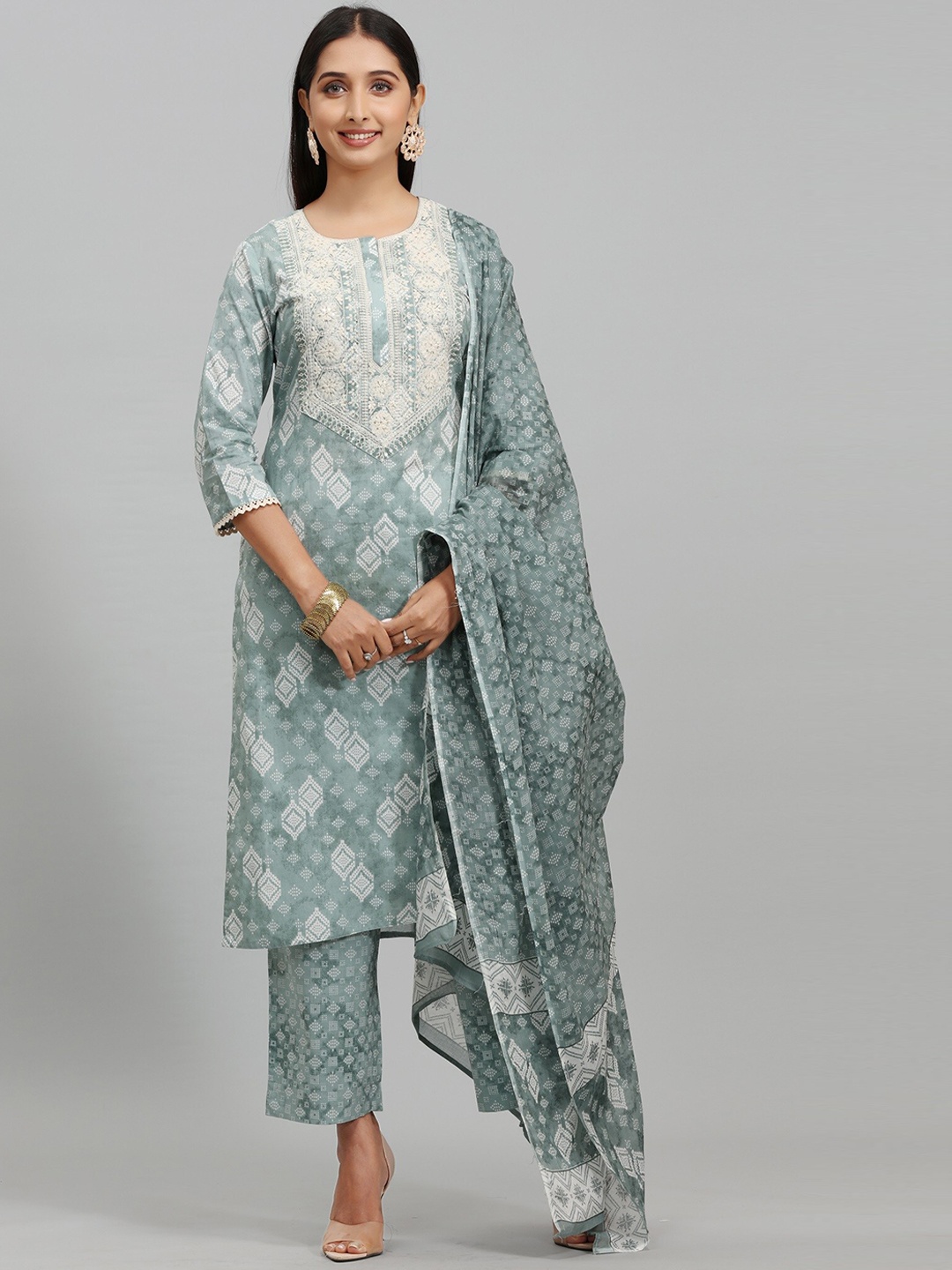 

COTTON CULTURE Floral Embroidered Pure Cotton Kurta With Trousers & Dupatta, Green