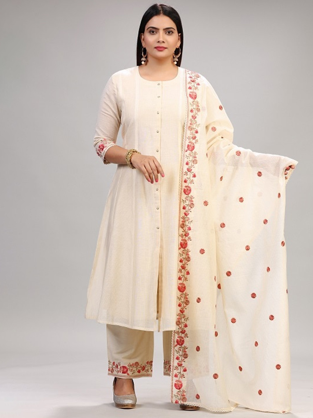 

COTTON CULTURE Anarkali Chanderi Cotton Kurta With Trousers & Dupatta, Off white