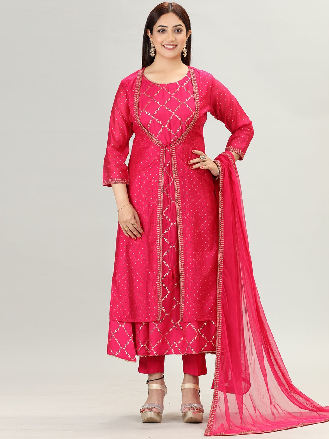 

COTTON CULTURE Floral Printed Layered Chanderi Cotton Kurta With Trousers & Dupatta, Pink