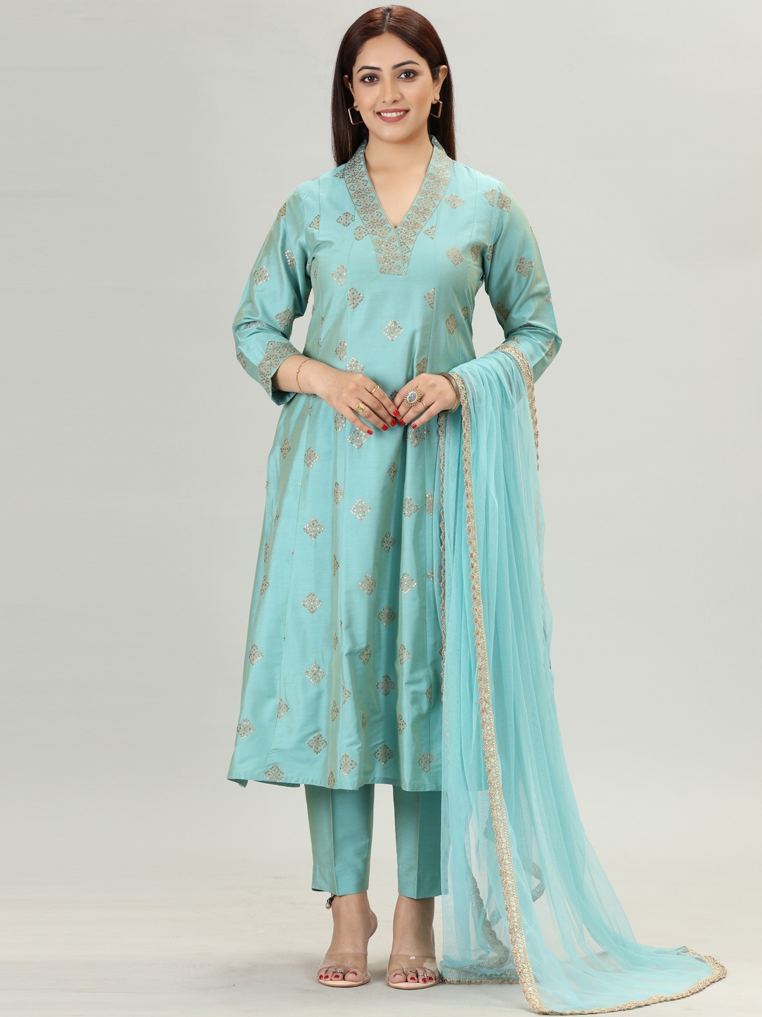 

COTTON CULTURE Ethnic Motifs Embroidered A-line Kurta With Trousers & Dupatta, Blue