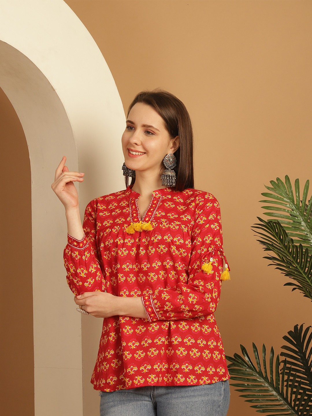 

Rajnandini Floral Print Mandarin Collar Cotton Top, Maroon