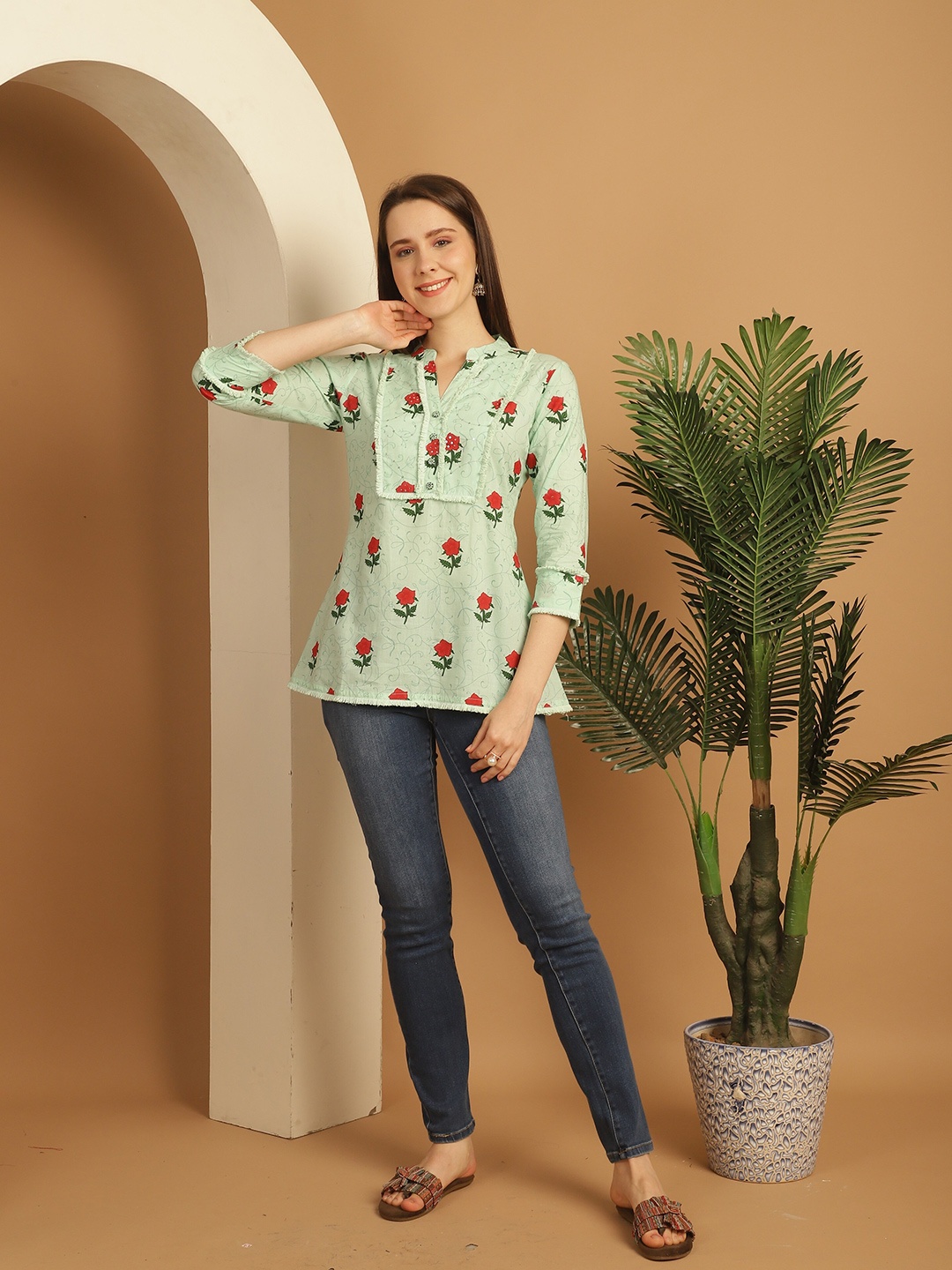 

Rajnandini Floral Print Cotton Top, Sea green