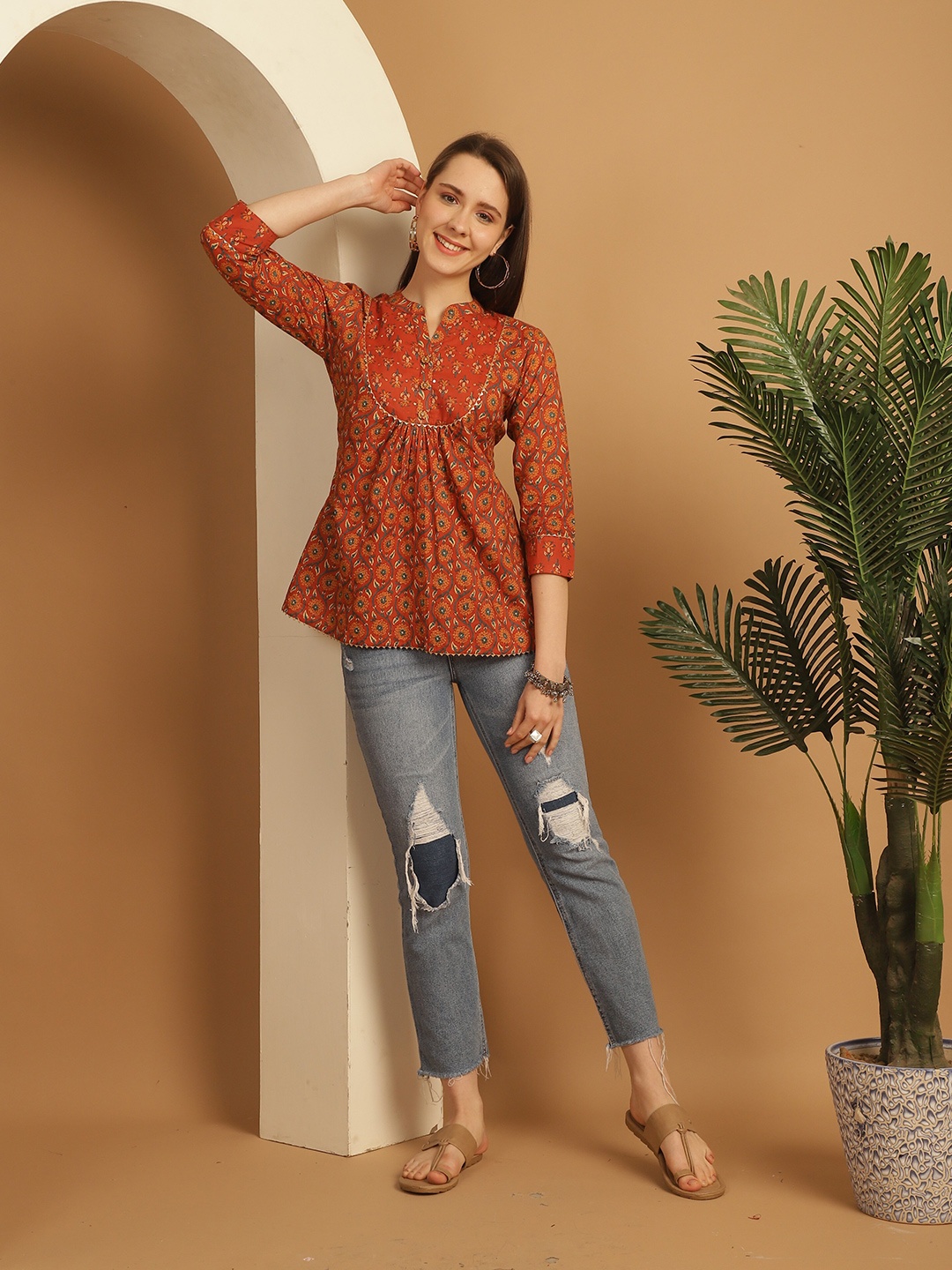 

Rajnandini Floral Print Cotton Top, Orange