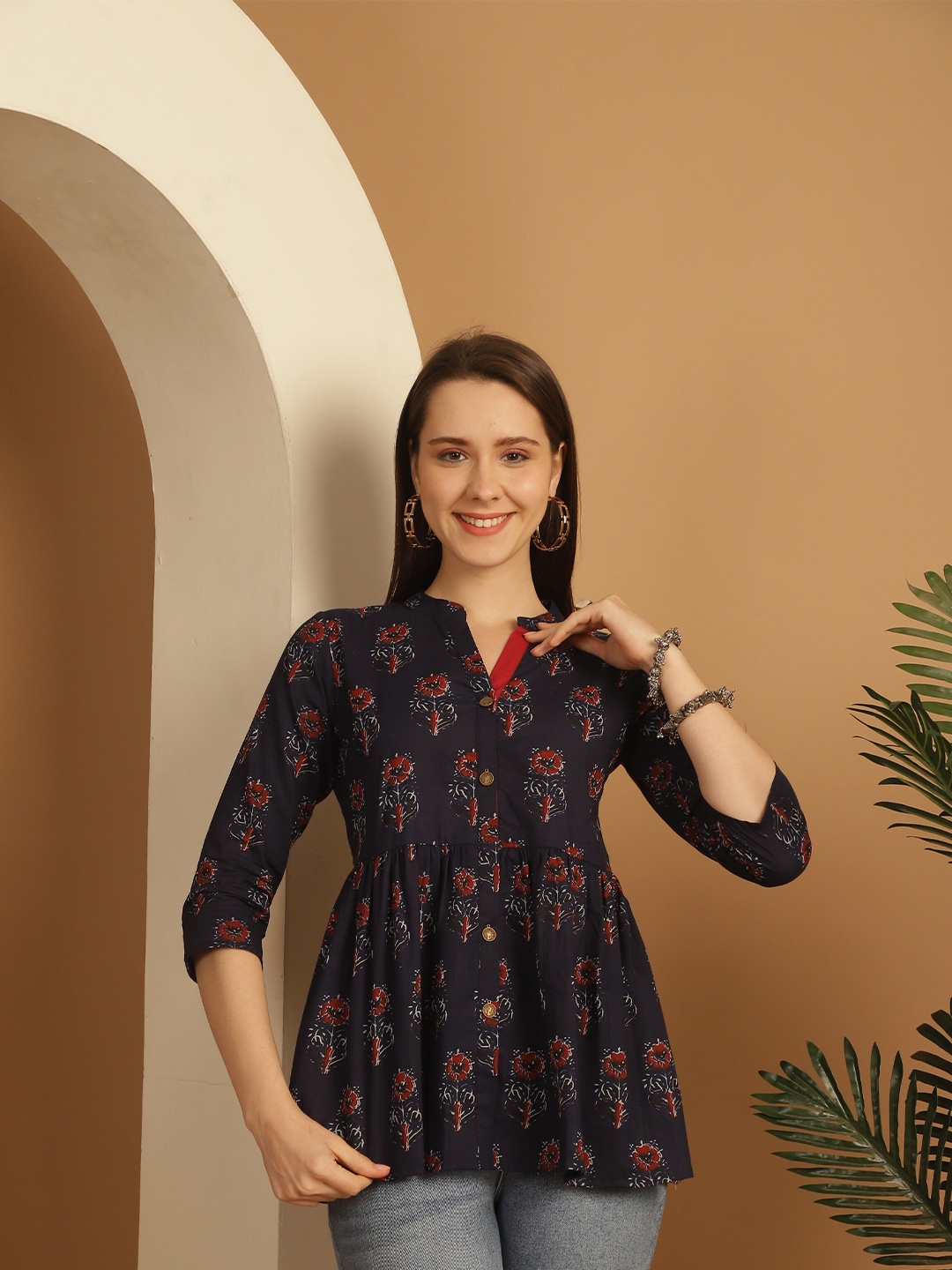 

Rajnandini Floral Print Mandarin Collar Cotton Peplum Top, Navy blue