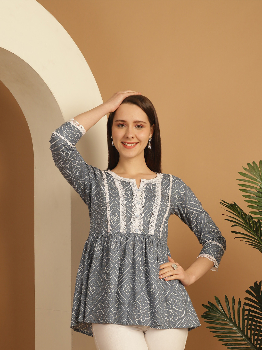 

Rajnandini Floral Print Cotton Notched Neck Three-Quarter Sleeves Casual Top, Grey