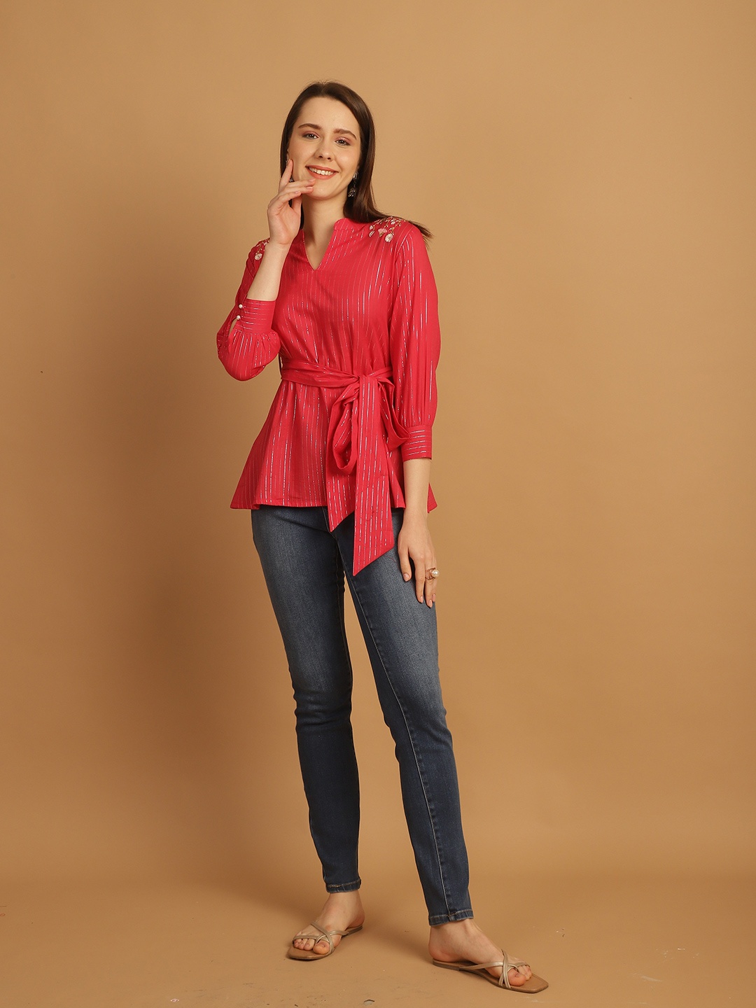 

Rajnandini Embroidered V-Neck Pure cotton Top, Magenta
