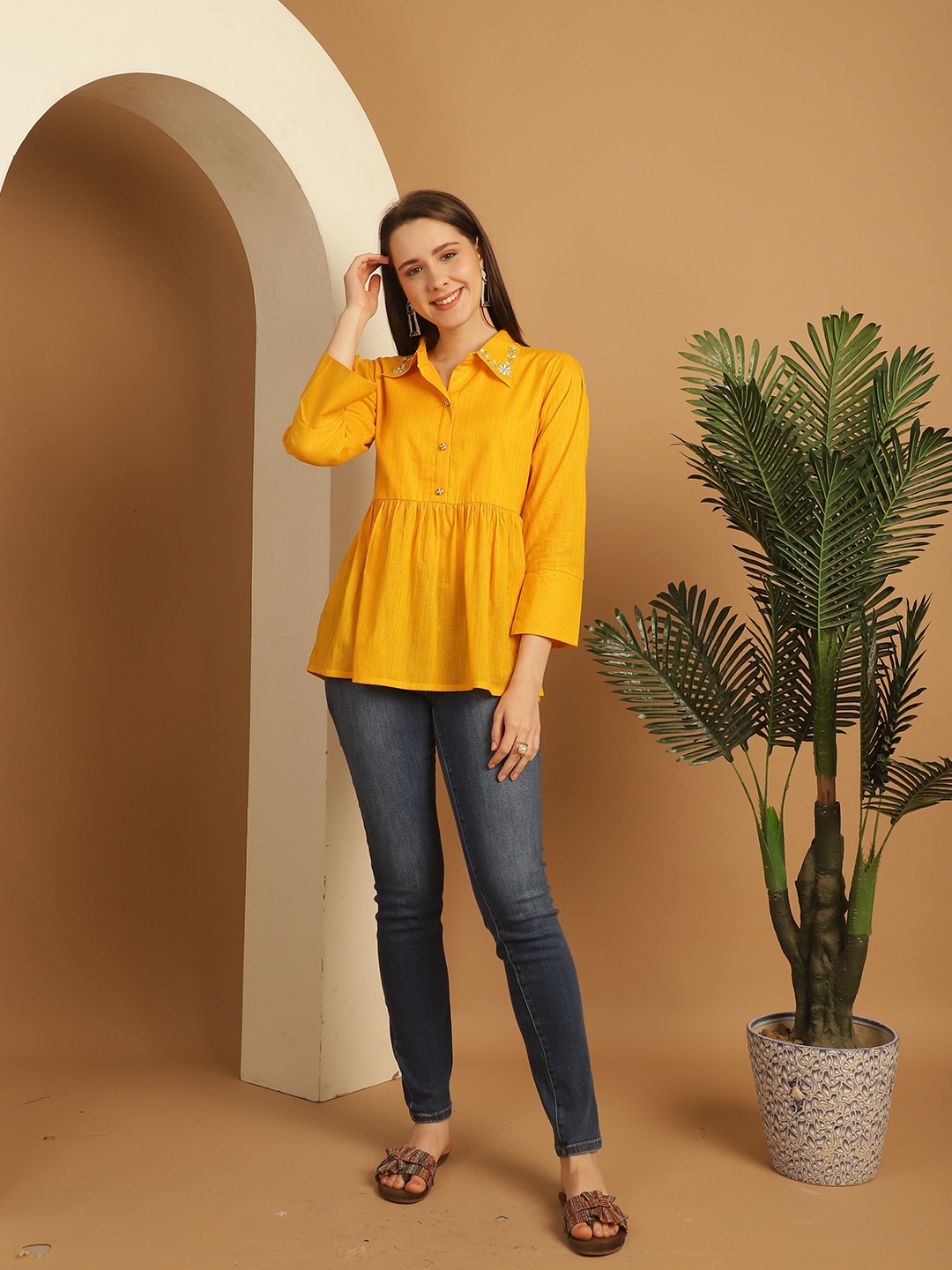 

Rajnandini Embroidered Shirt Collar Pure Cotton Top, Yellow