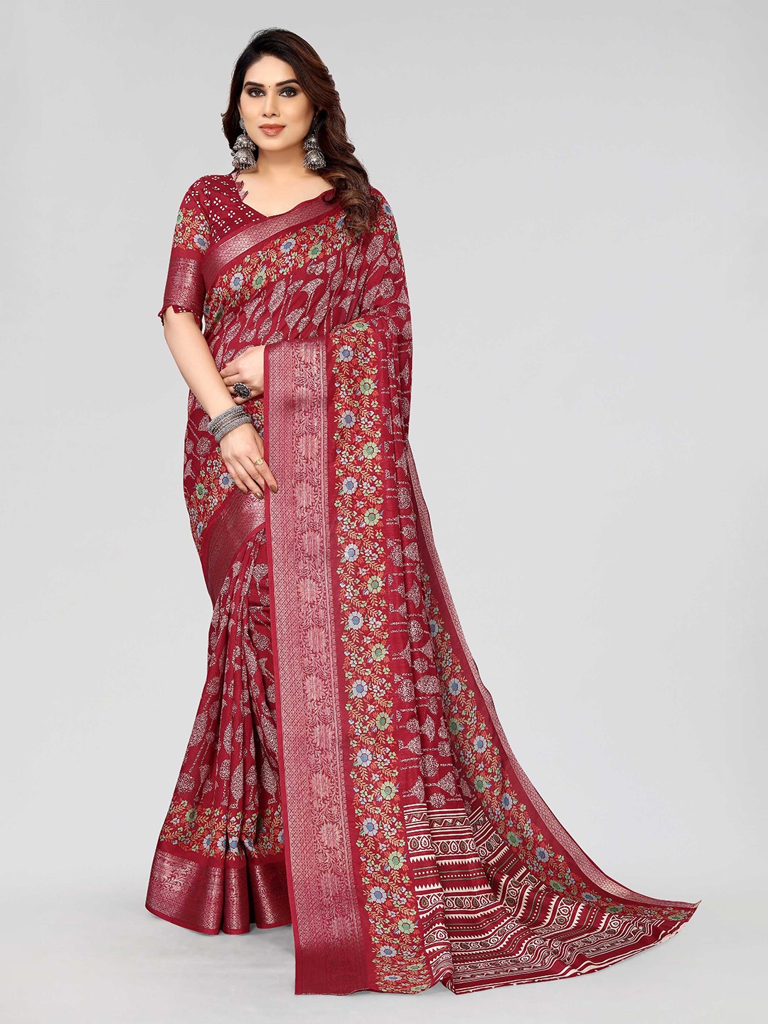 

HALFSAREE STUDIO Floral Zari Art Silk Saree, Maroon