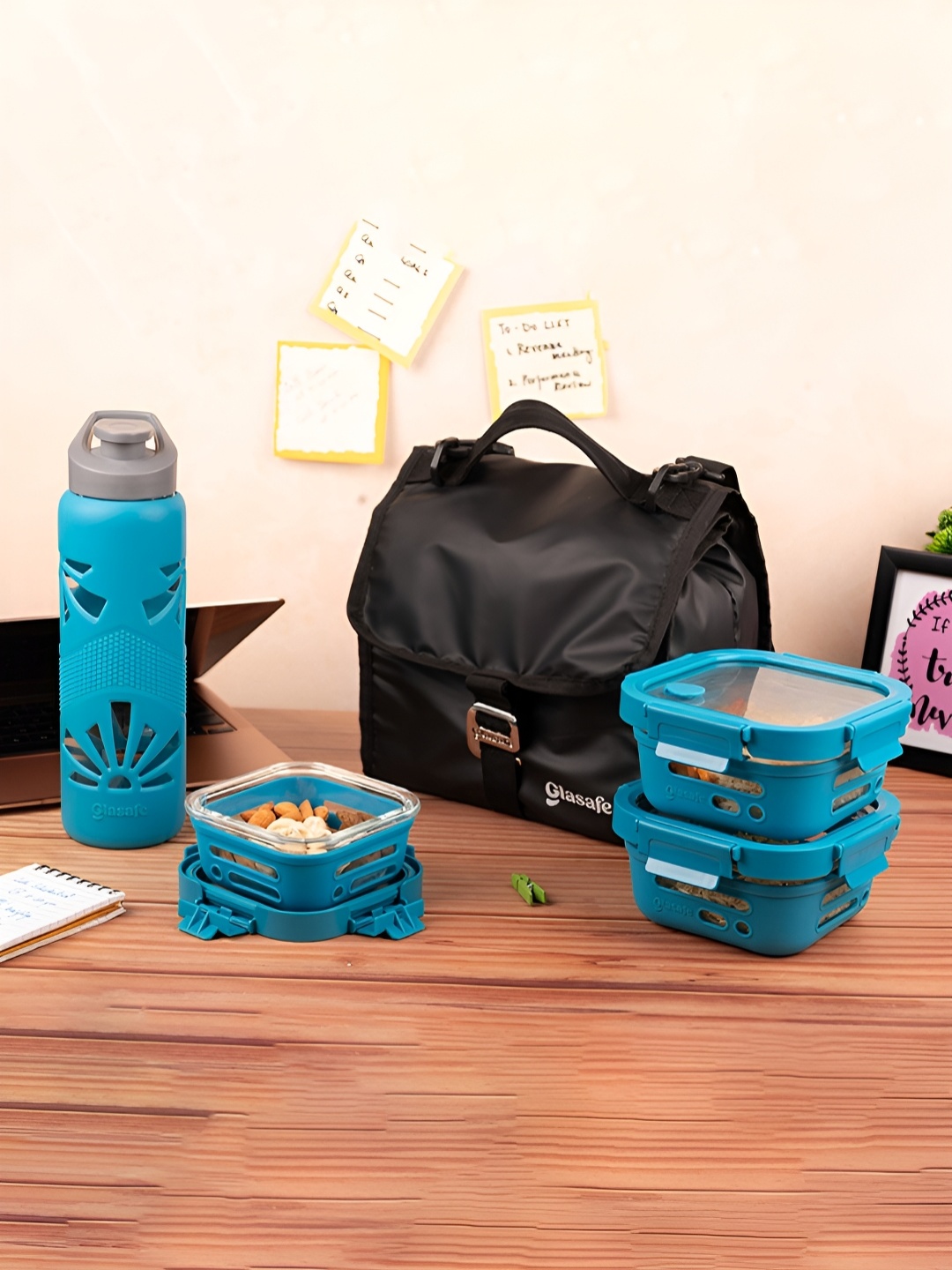 

GLASAFE Blue & Black 4 Pieces Trio Grip Leak Proof Lunch Box With Water Bottle 520 ml