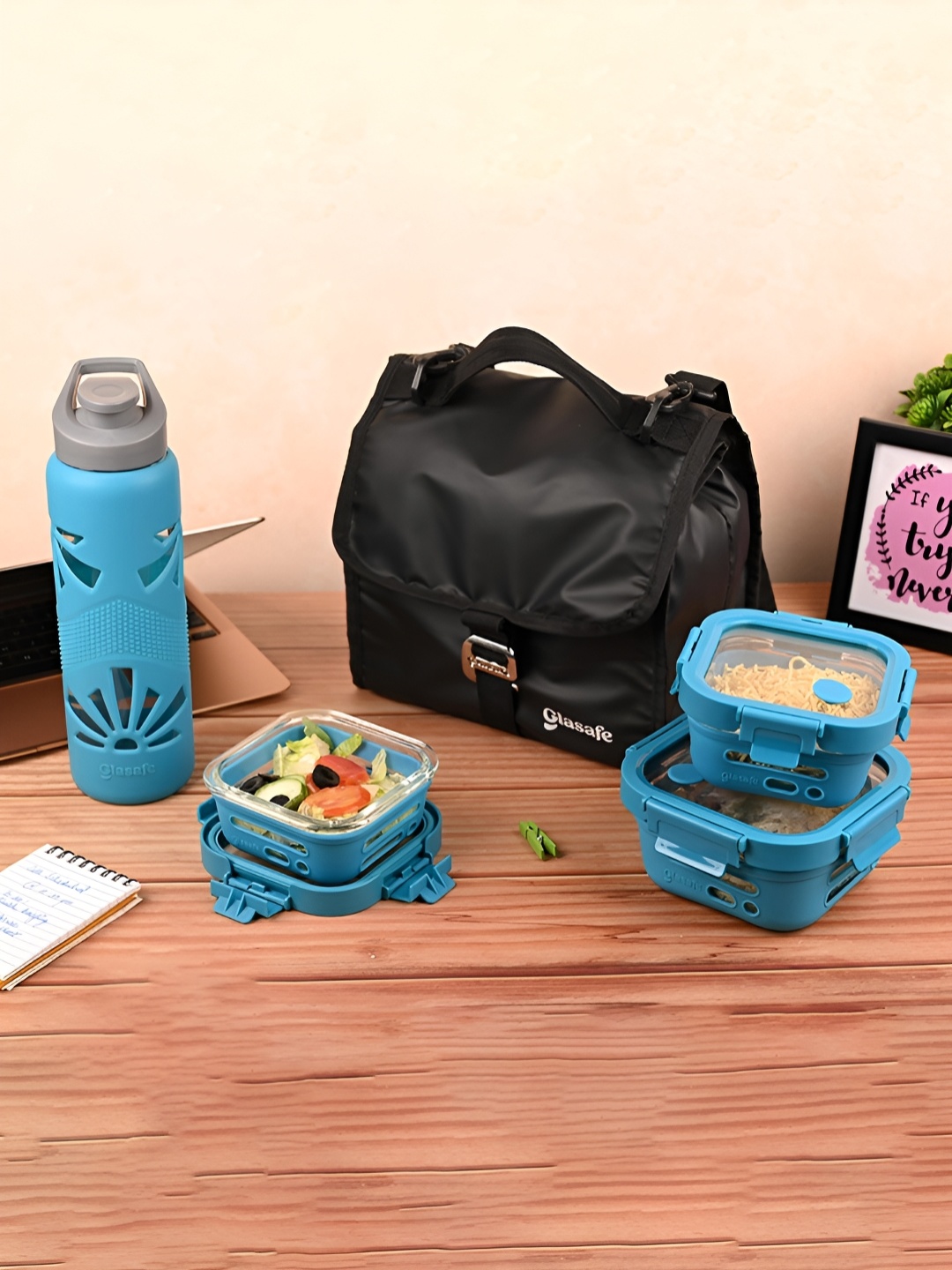 

GLASAFE Blue & Black 4 Pieces Trio Grip Leak Proof Lunch Box