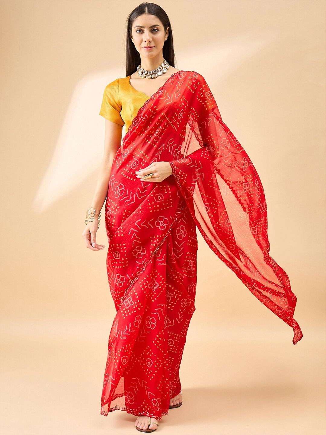 

Anouk Bandhani Printed Beads And Stones Pure Chiffon Bandhani Saree, Red