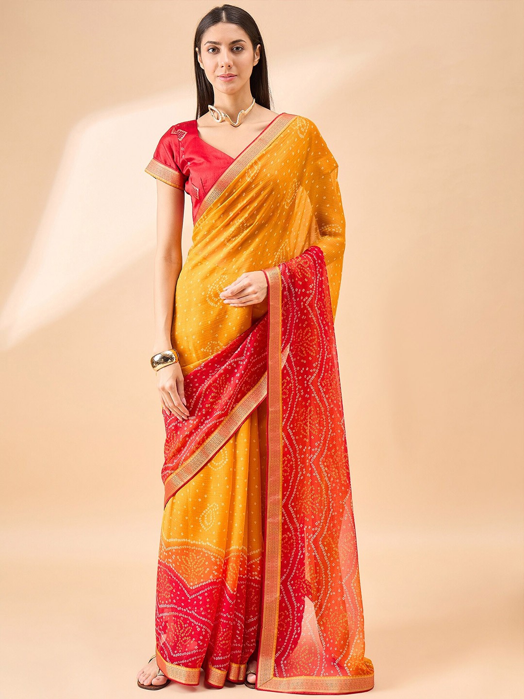 

Anouk Bandhani Printed Zari Pure Chiffon Bandhani Saree, Red