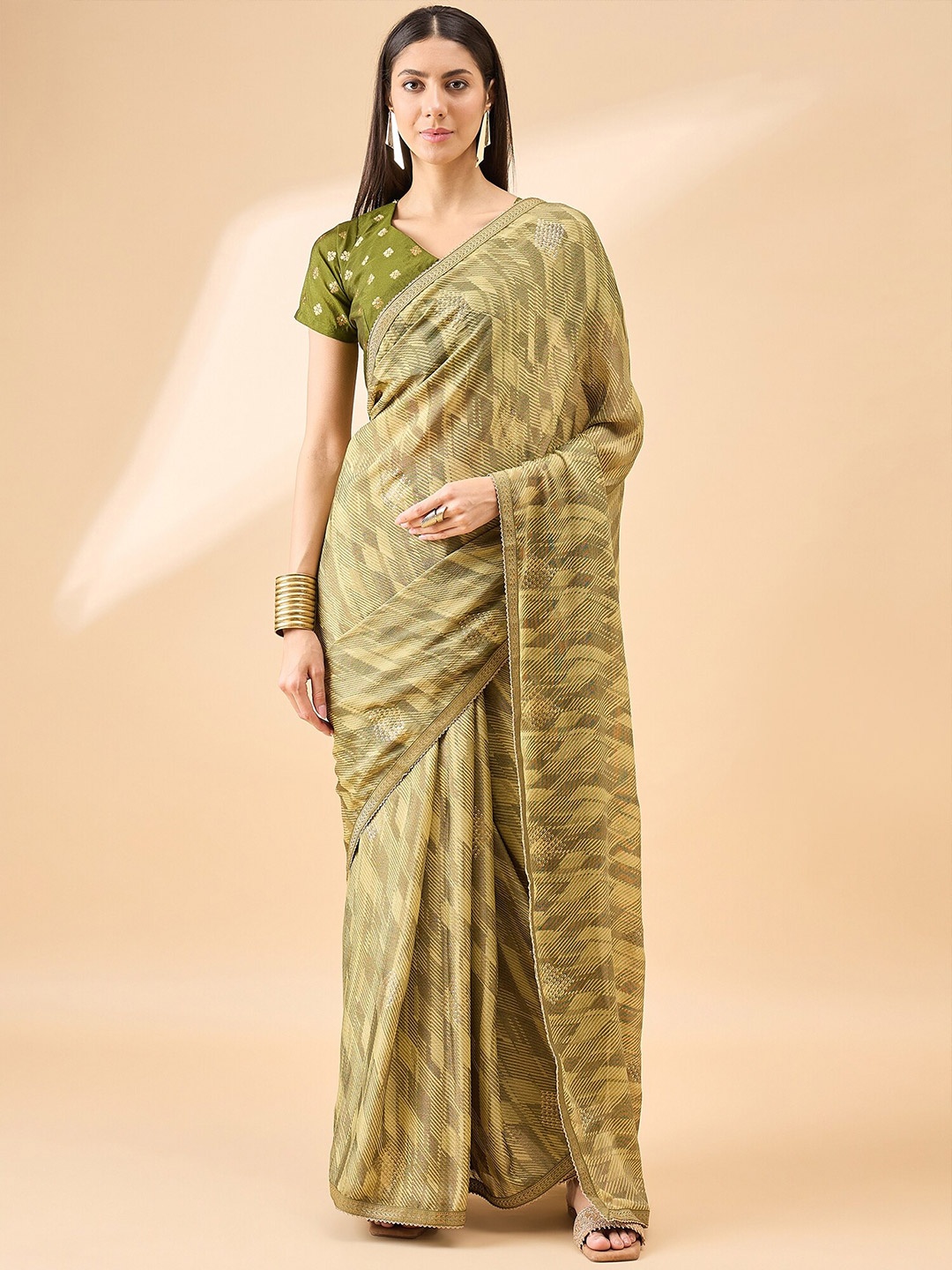 

Anouk Geometric Printed Zari Brasso Saree, Green