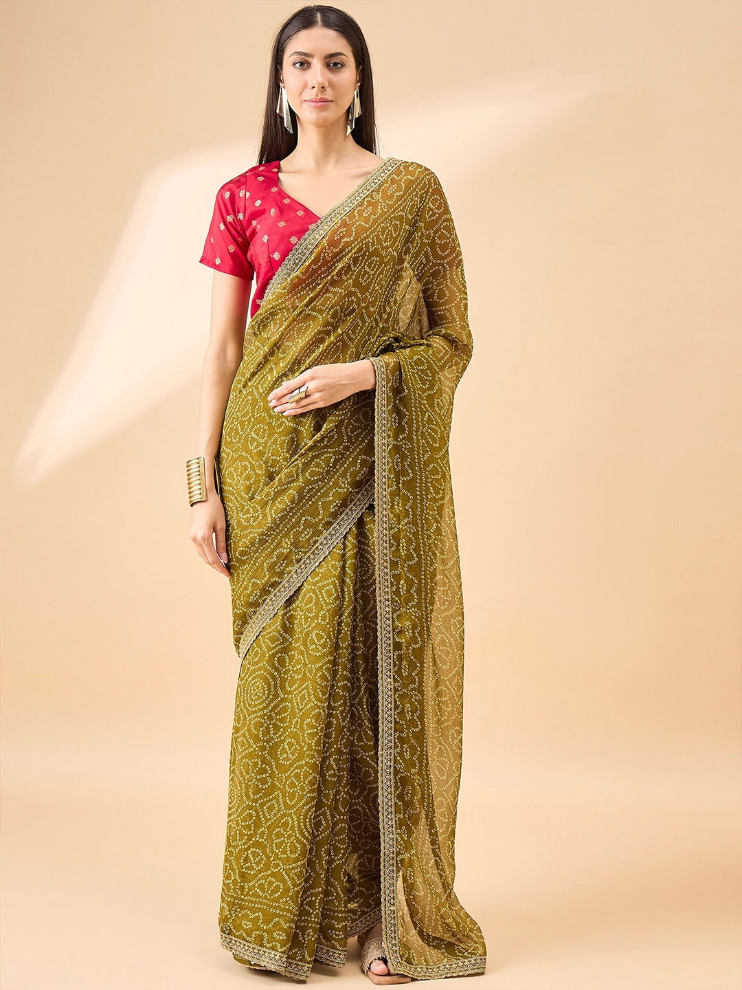 

Anouk Pure Chiffon Bandhani Saree With Blouse Piece, Olive