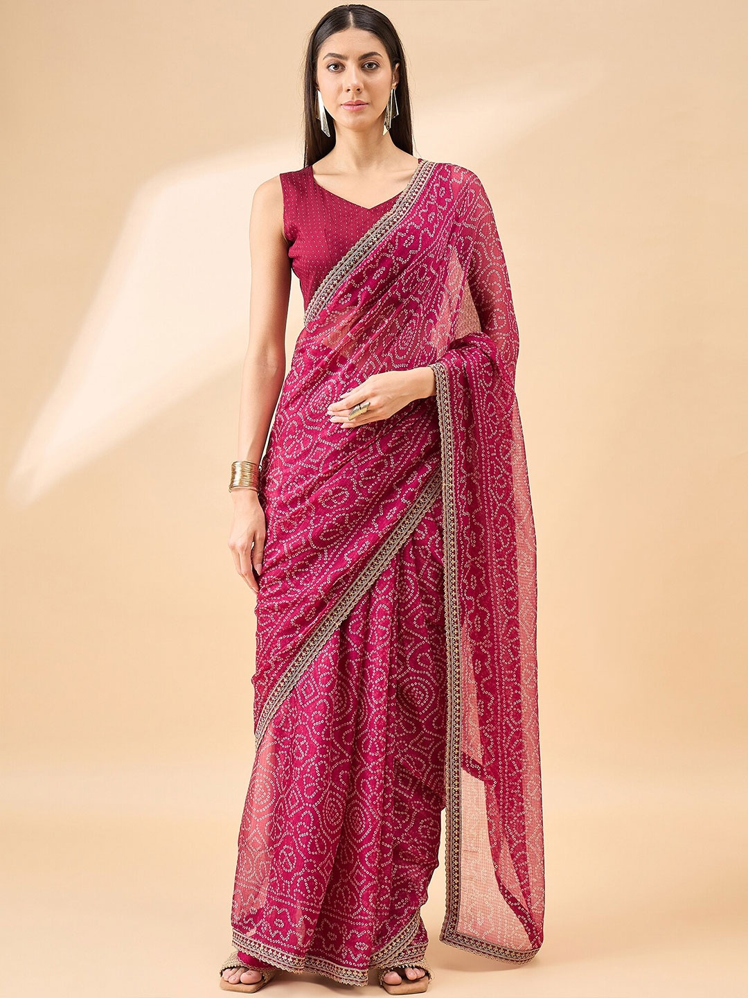 

Anouk Bandhani Embroidered Pure Chiffon Bandhani Saree, Rose