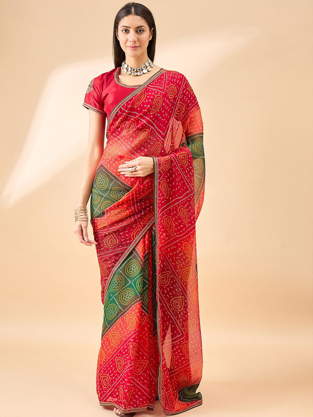 

Anouk Embroidered Pure Chiffon Bandhani Saree, Red