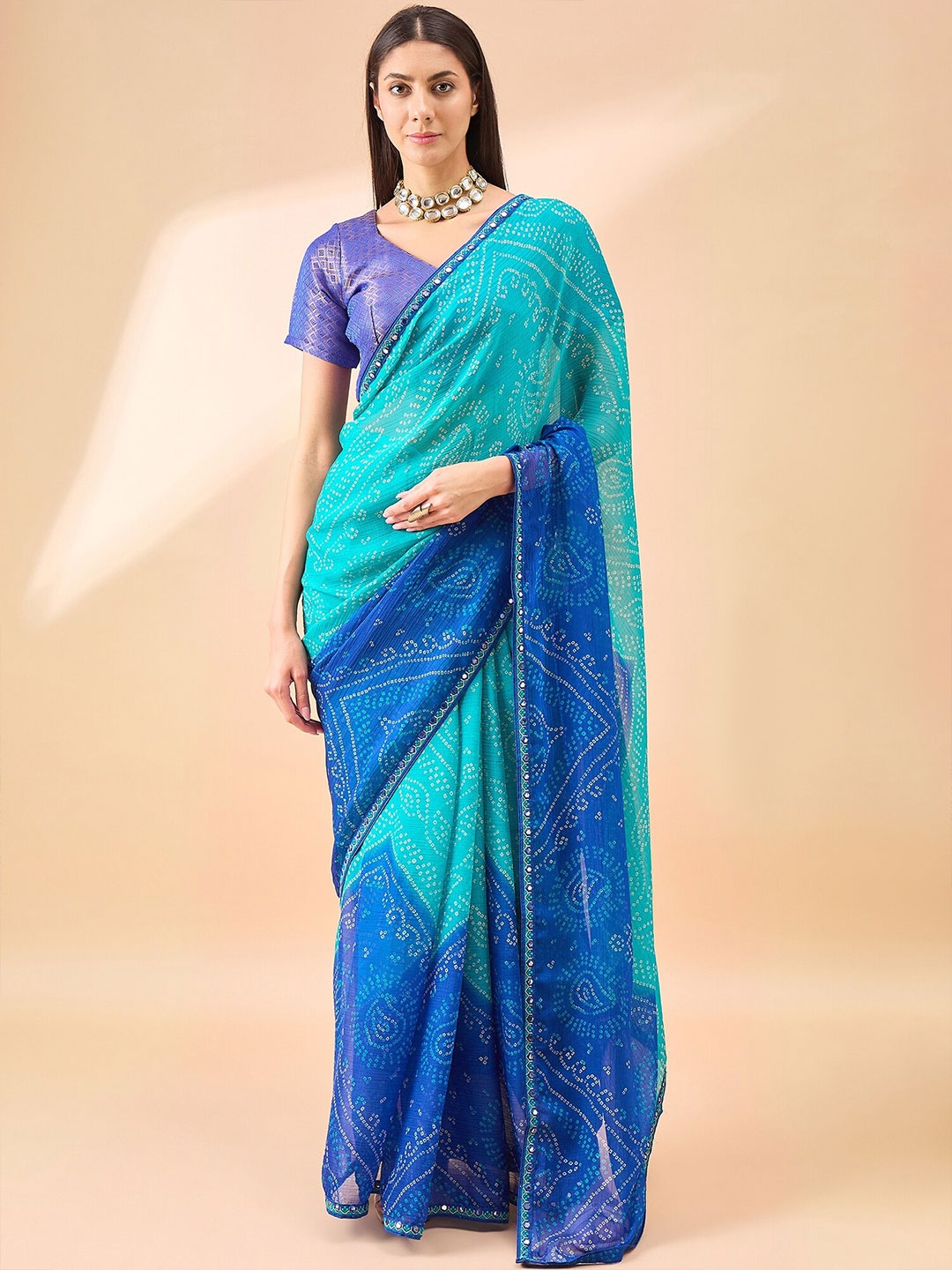 

Anouk Embellished Beads and Stones Pure Chiffon Bandhani Saree, Blue