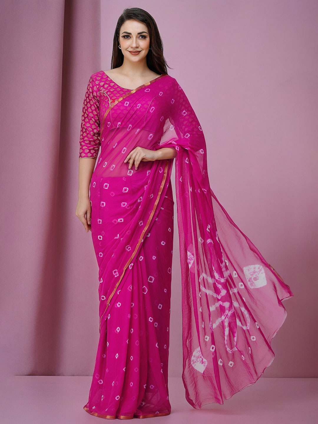 

CLAFOUTIS Bandhani Poly Chiffon Bandhani Saree, Pink