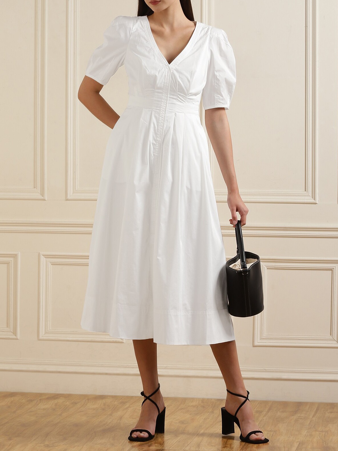 

Ted Baker Self Design Puff Sleeves Pleated Midi Dress, White
