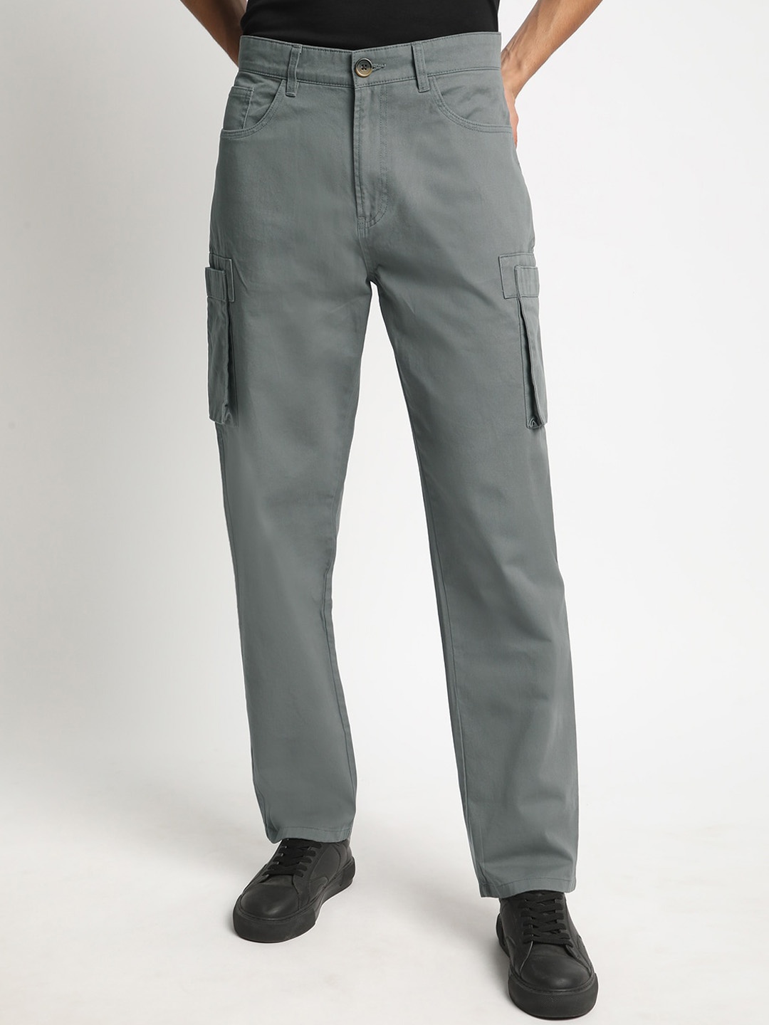 

The Roadster Lifestyle Co Pure Cotton Straight Fit Cargo Trousers, Grey