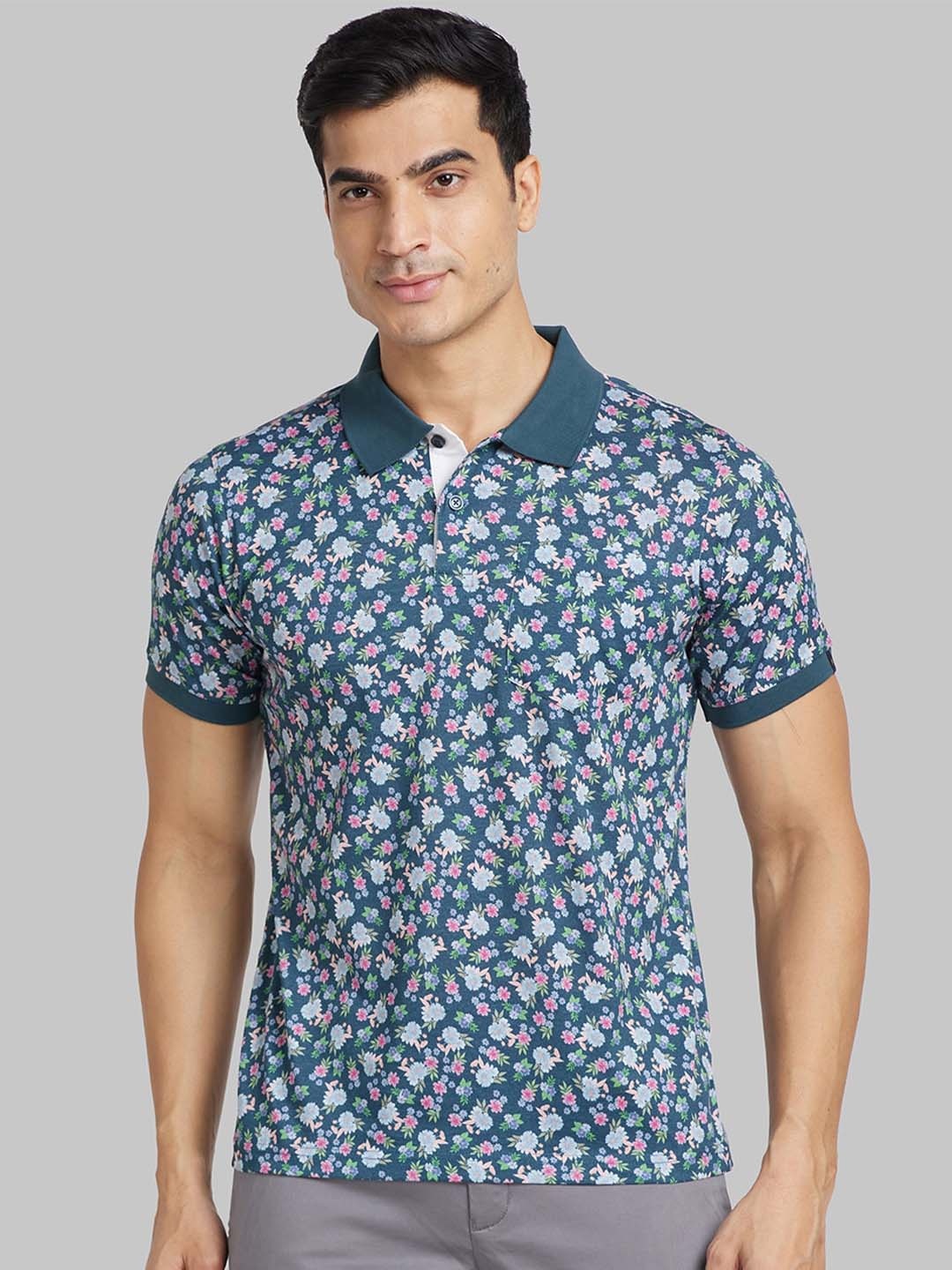

Raymond Floral Printed Polo Collar Cotton Contemporary Fit Casual T-Shirts, Blue