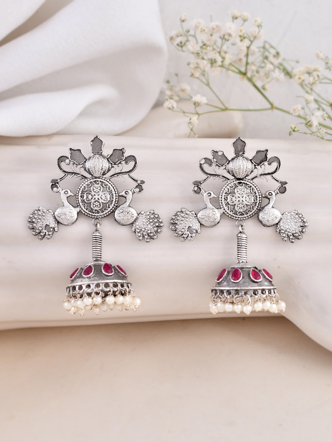 

DASTOOR Silver Plated Oxidised Stone Studded Jhumkas