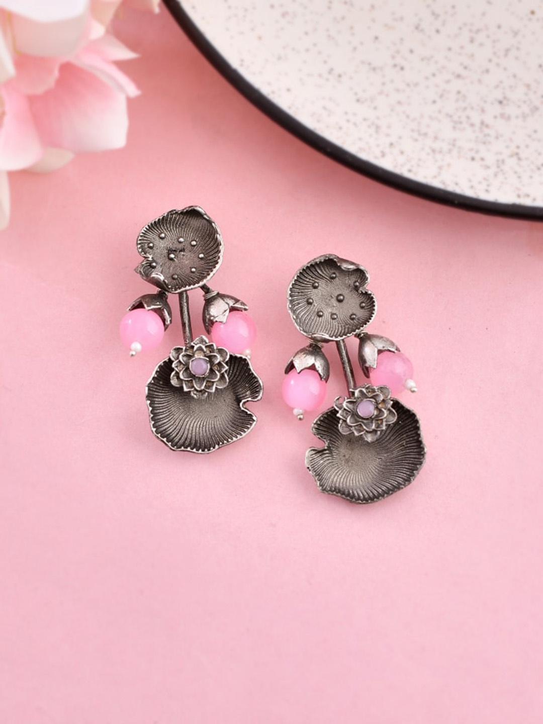 

DASTOOR Silver-Plated Oxidised Floral Drop Earrings