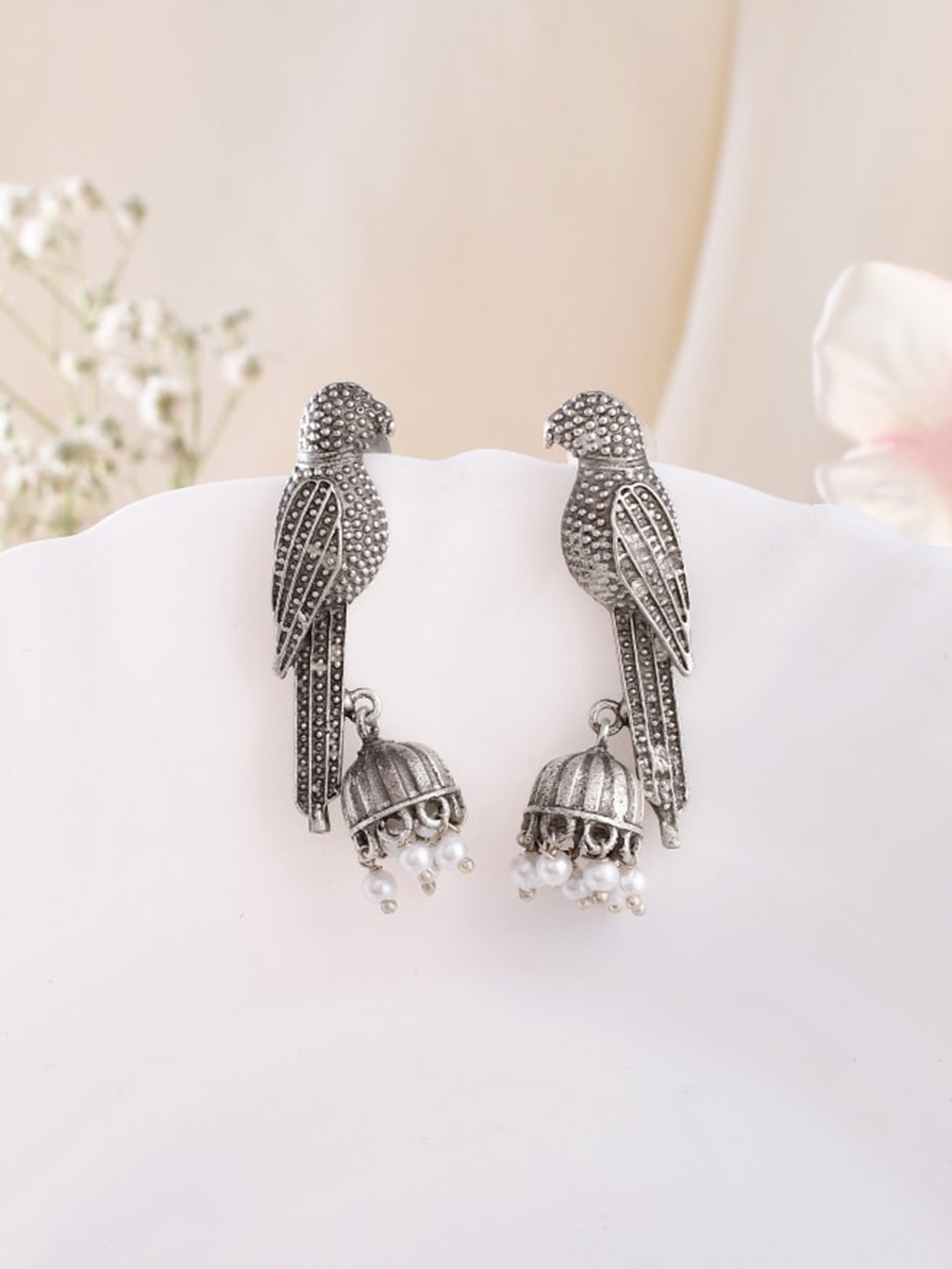 

DASTOOR Silver-Plated Contemporary Oxidised Jhumkas