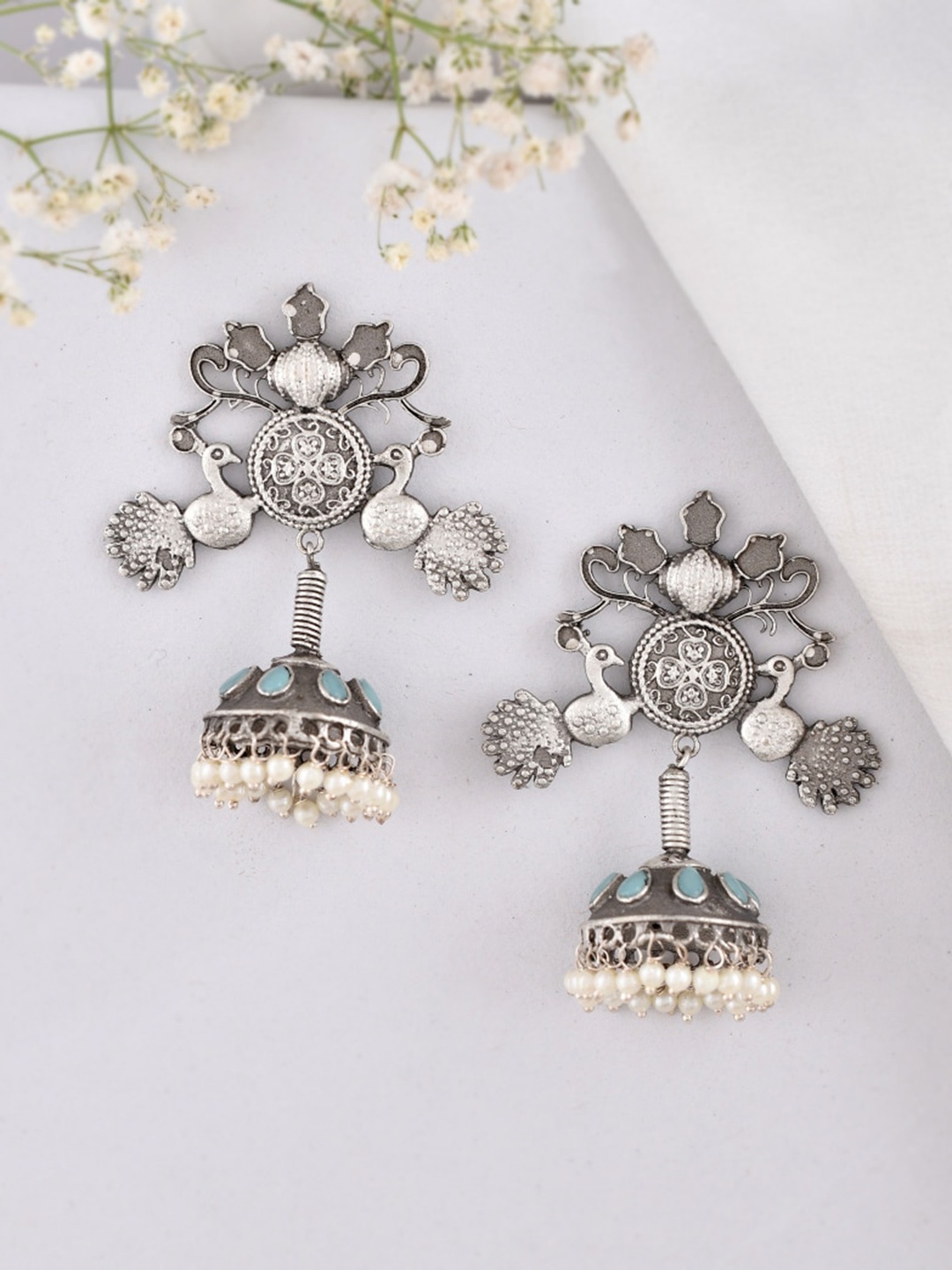 

DASTOOR Silver Peacock Shaped Jhumkas Earrings