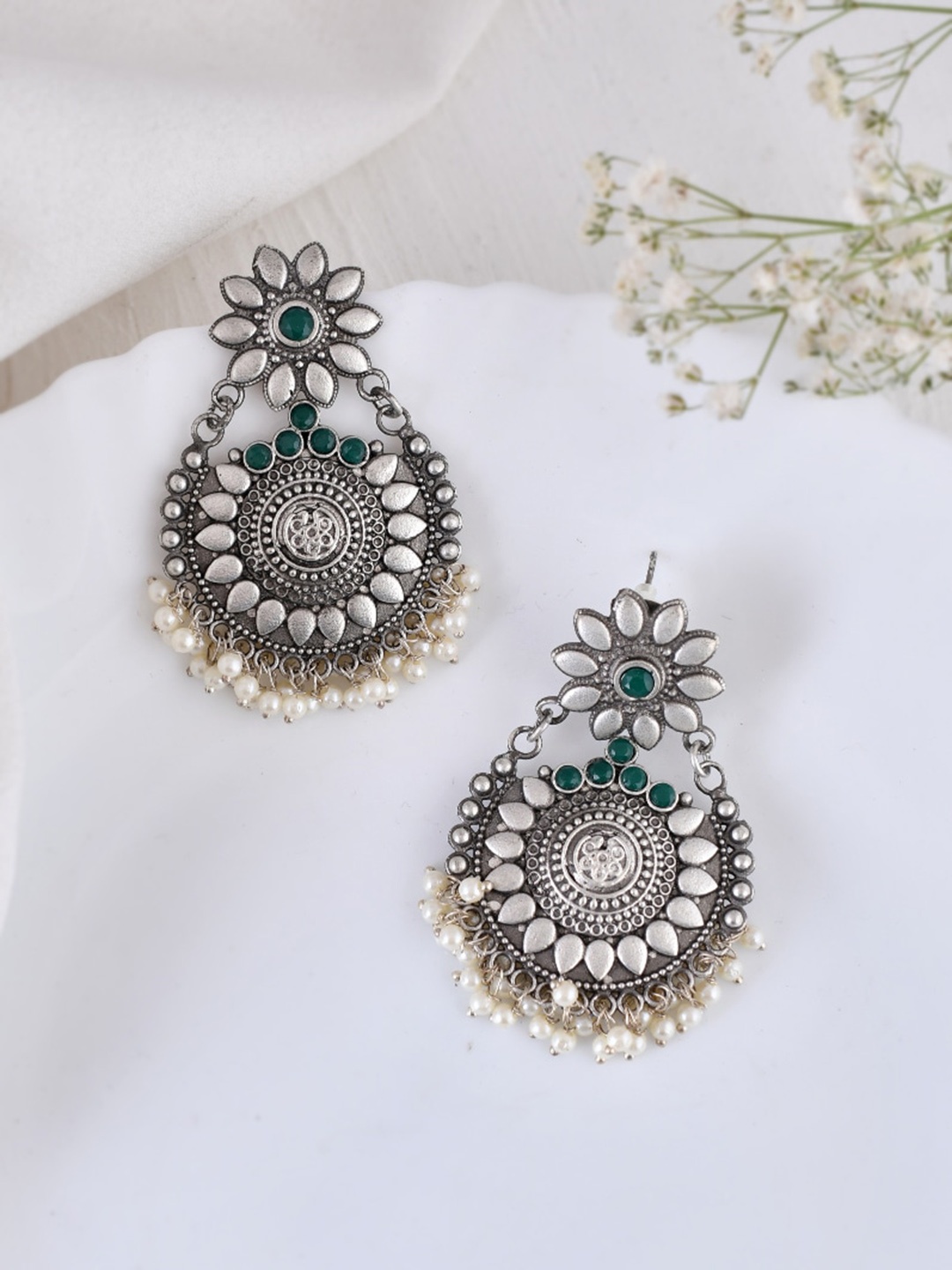 

DASTOOR Silver Plated Oxidised Stone Studded Drop Earrings