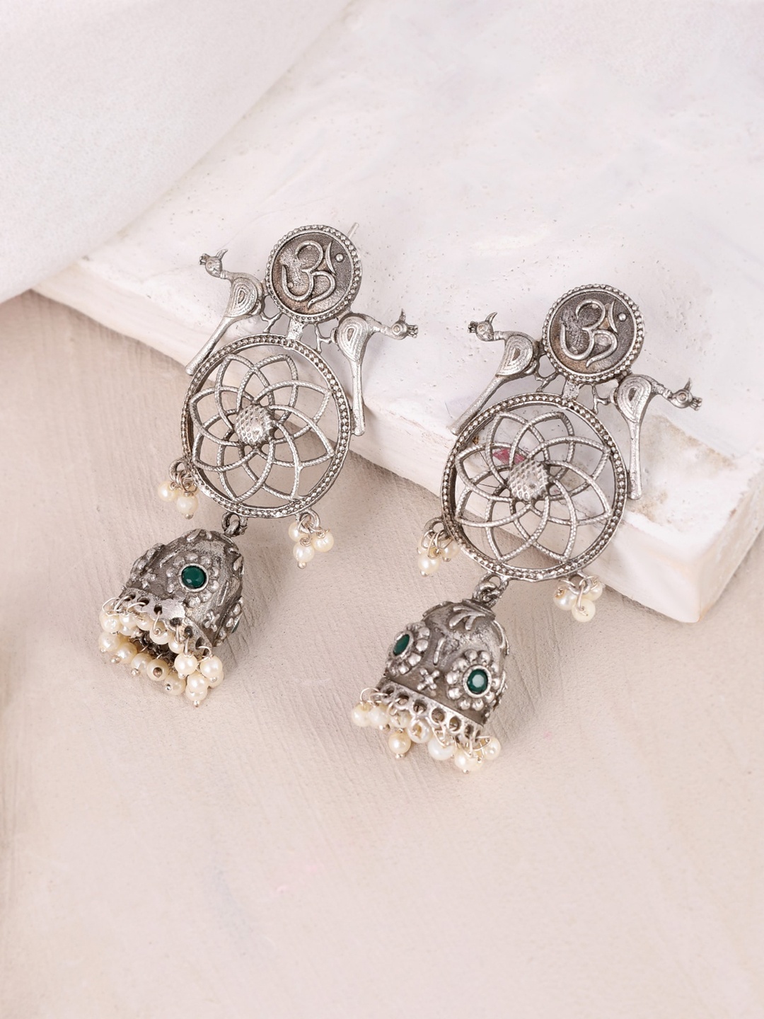 

DASTOOR Silver-Plated Contemporary Oxidised Jhumkas