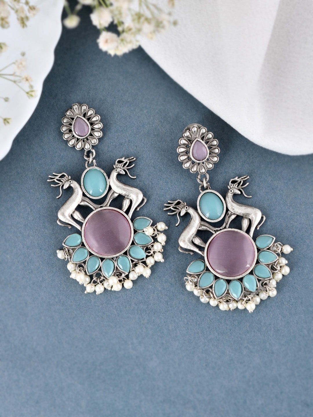 

DASTOOR Silver Plated Oxidised Stone Studded Drop Earrings