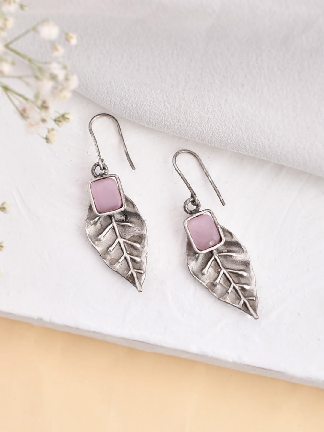 

DASTOOR Silver Plated Oxidised Stone Studded Drop Earrings