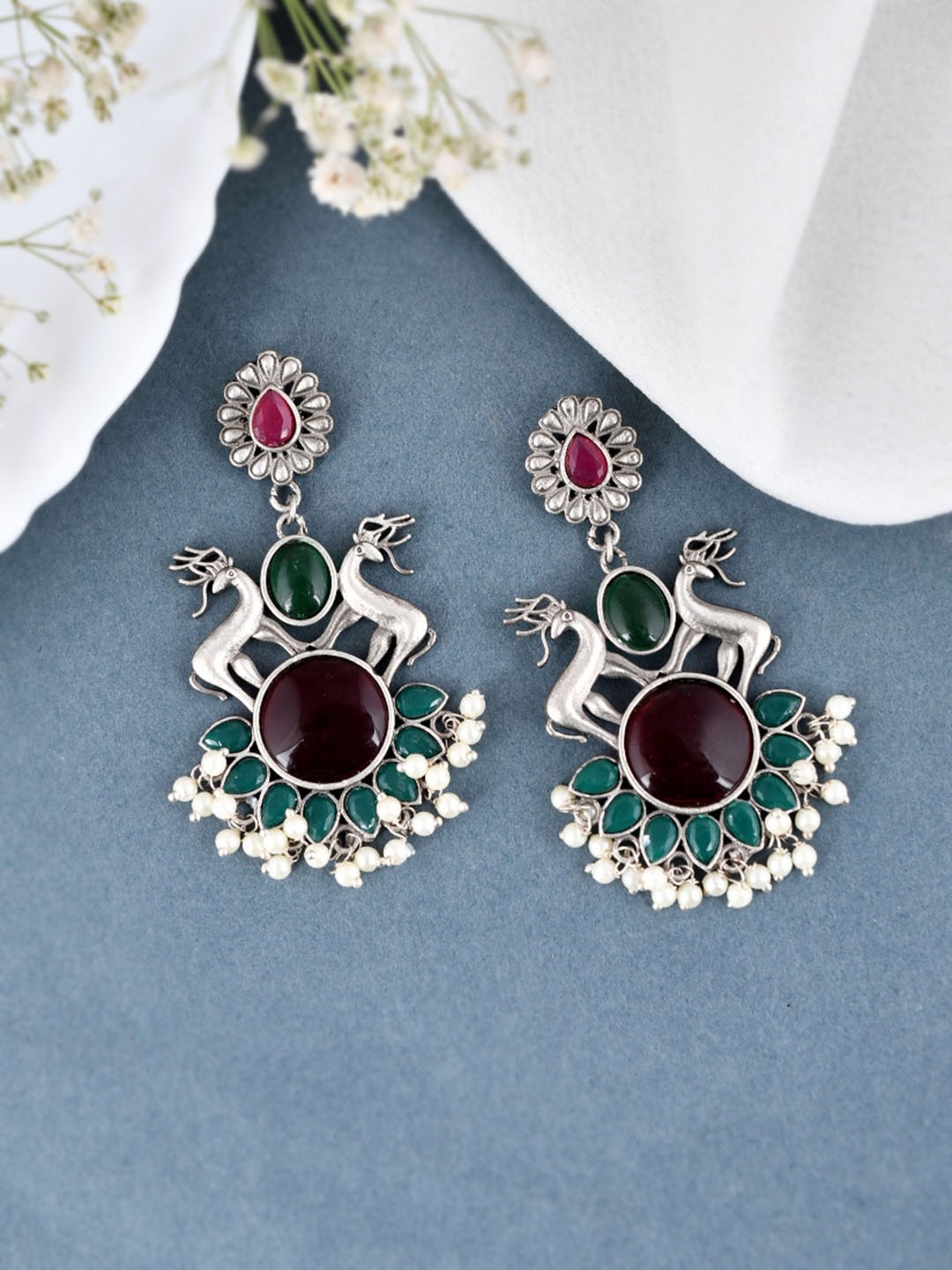 

DASTOOR Silver Plated Oxidised Stone Studded Drop Earrings