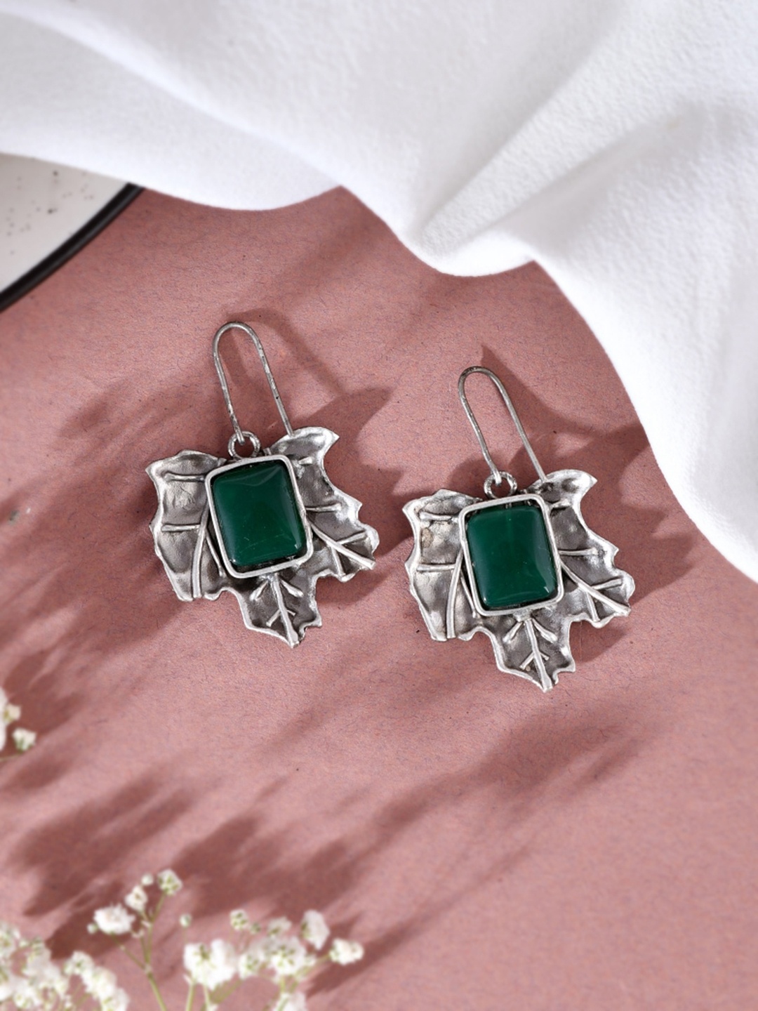 

DASTOOR Silver Plated Oxidised Stone Studded Drop Earrings