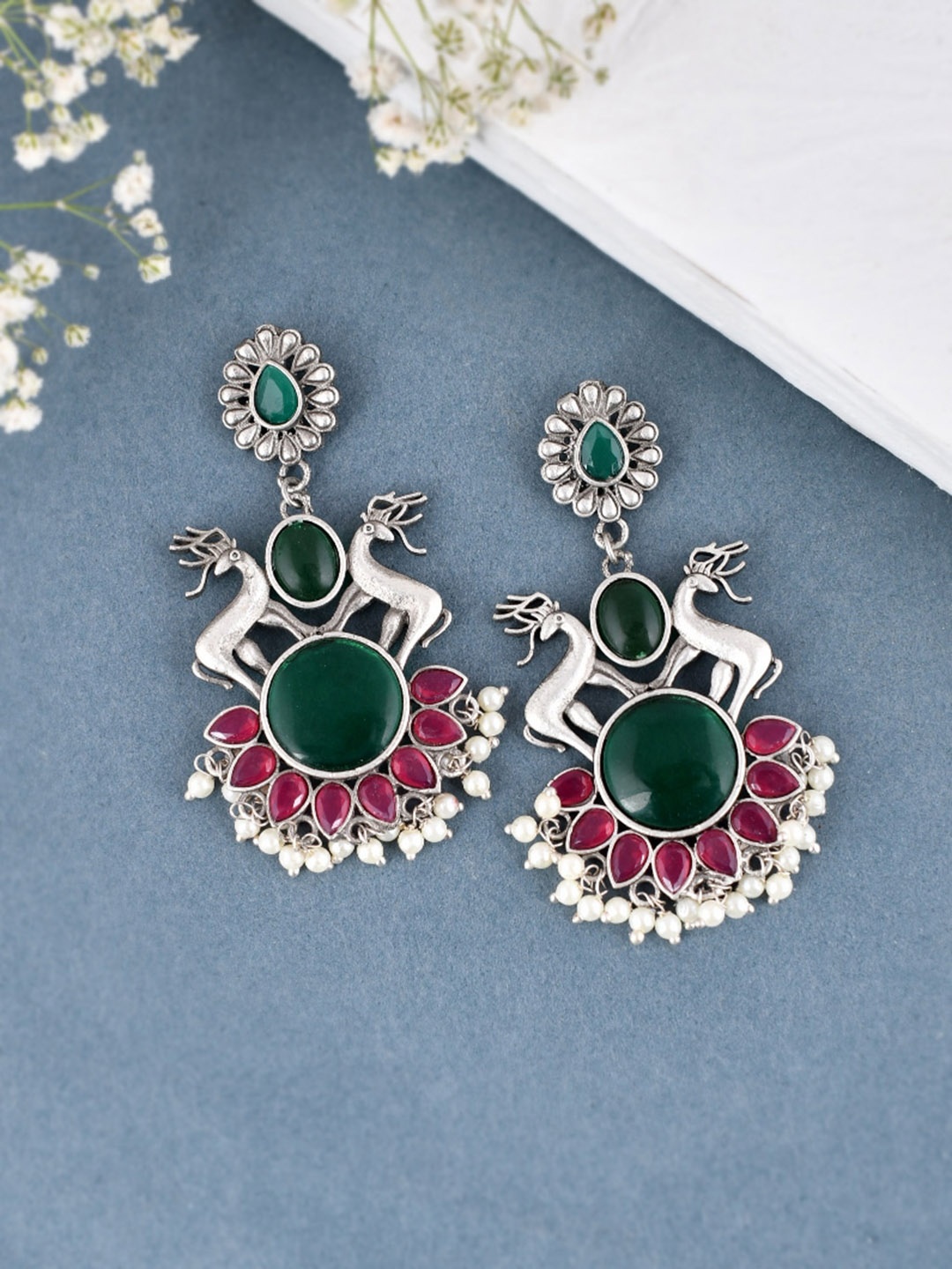 

DASTOOR Silver Plated Oxidised Stone Studded Drop Earrings