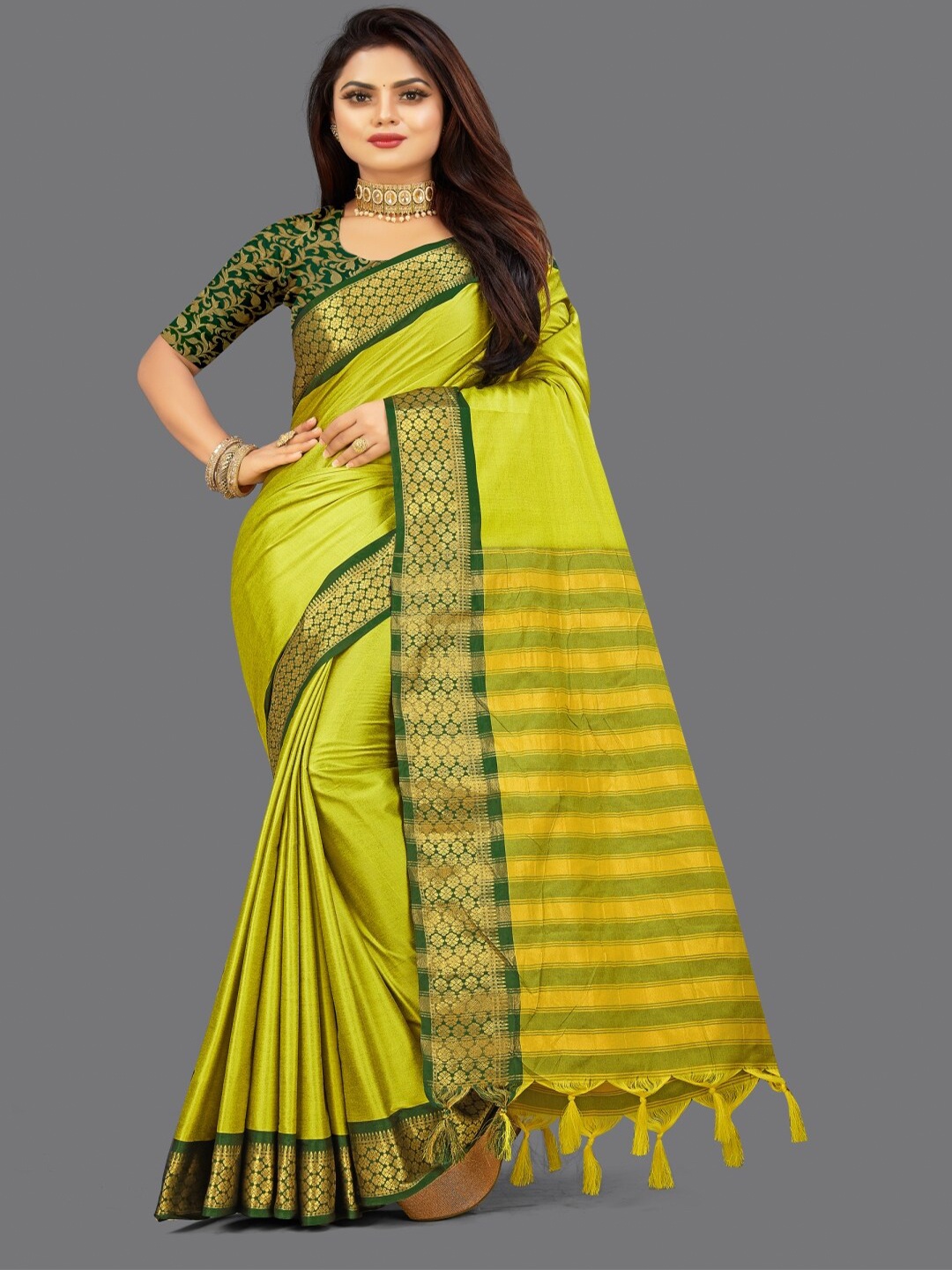 

Paramparik Textile Woven Design Zari Pure Silk Banarasi Saree, Lime green