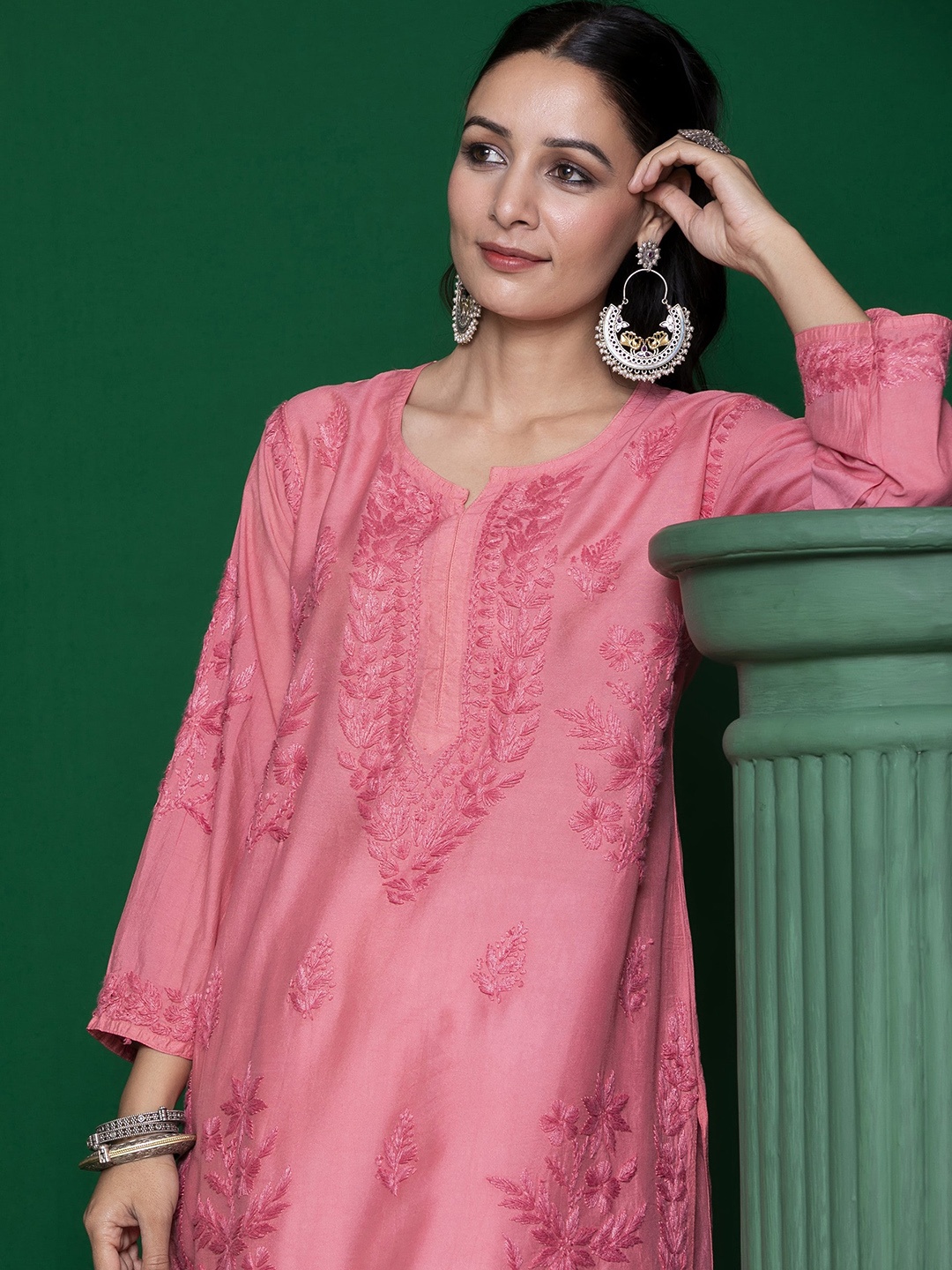 

House of Chikankari Chikankari Woven Kurta, Pink