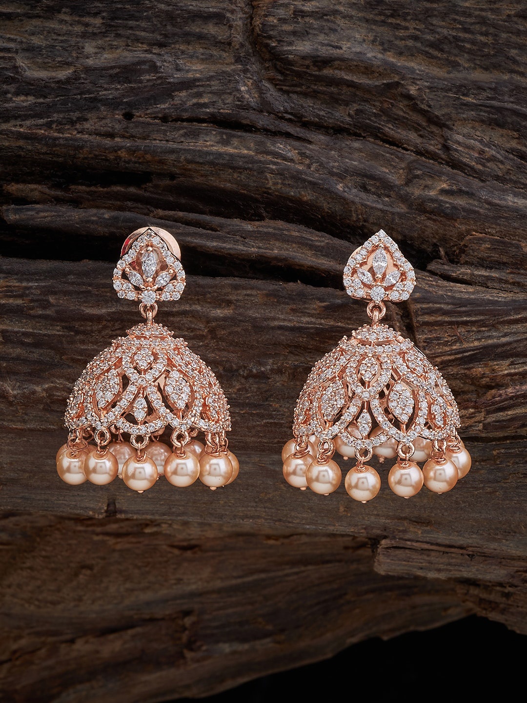 

Kushal's Fashion Jewellery Rose Gold-Plated Cubic Zirconia Studded Dome Shaped Jhumkas