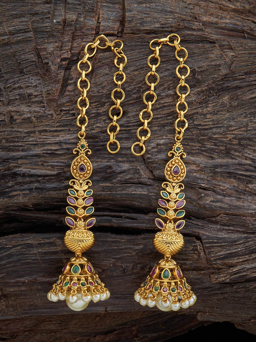 

Kushal's Fashion Jewellery Gold-Plated Rubby-Studded & Beaded Dome Shaped Jhumkas, Red