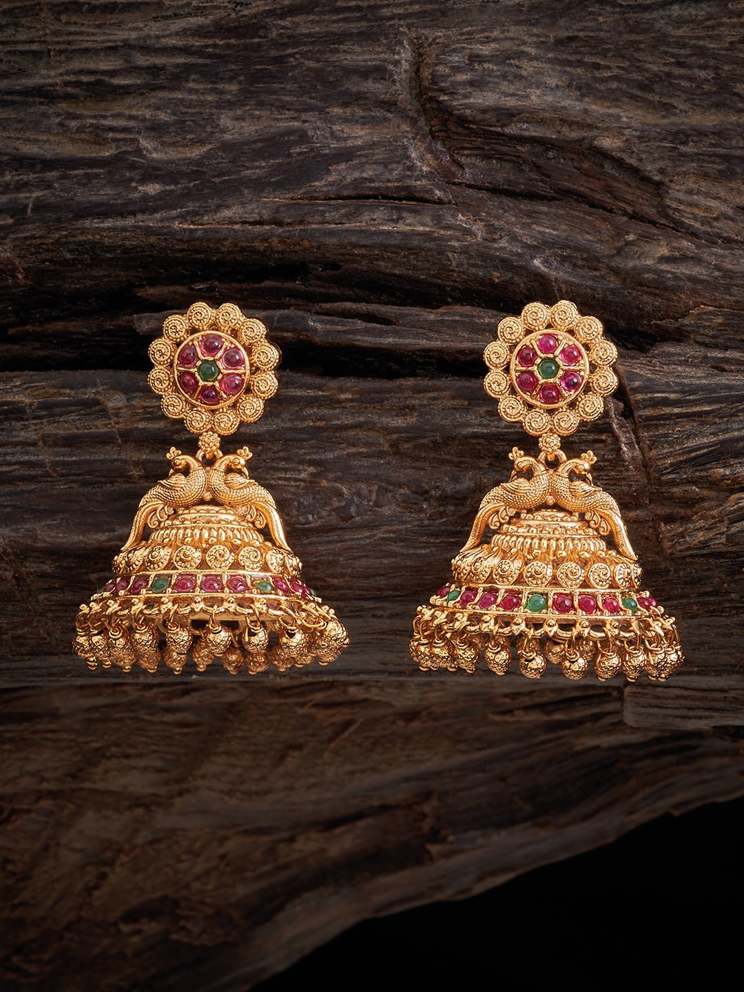 

Kushal's Fashion Jewellery Gold-Plated Artificial Stones-Studded Dome Shaped Jhumkas