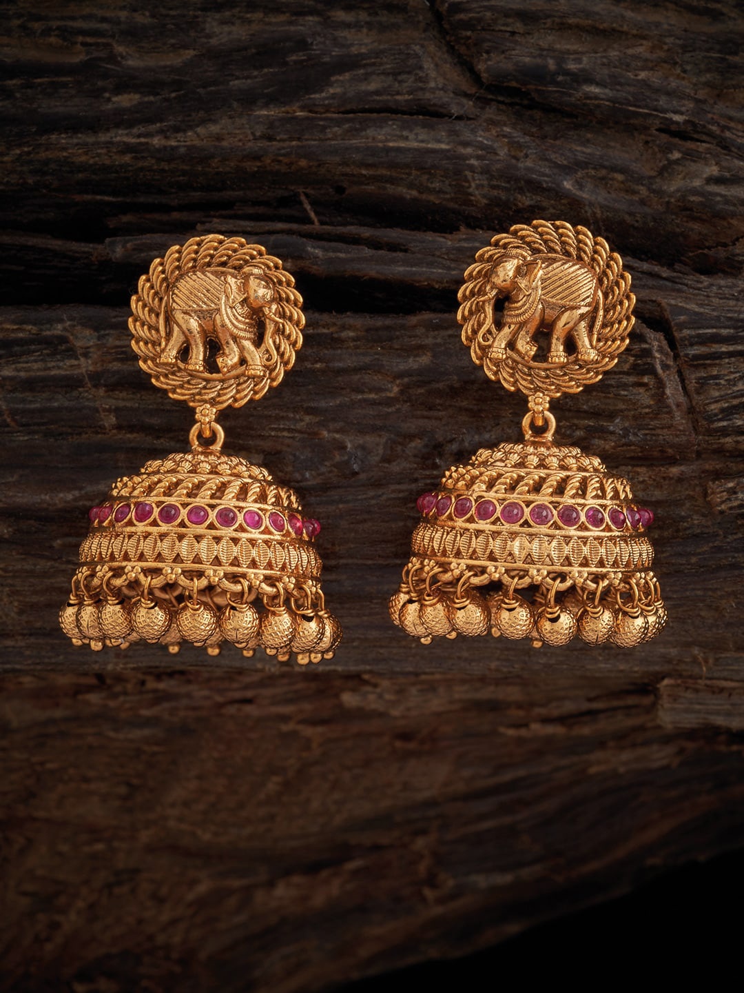 

Kushal's Fashion Jewellery Gold-Plated Artificial Stones Studded Jhumkas Earrings, Red