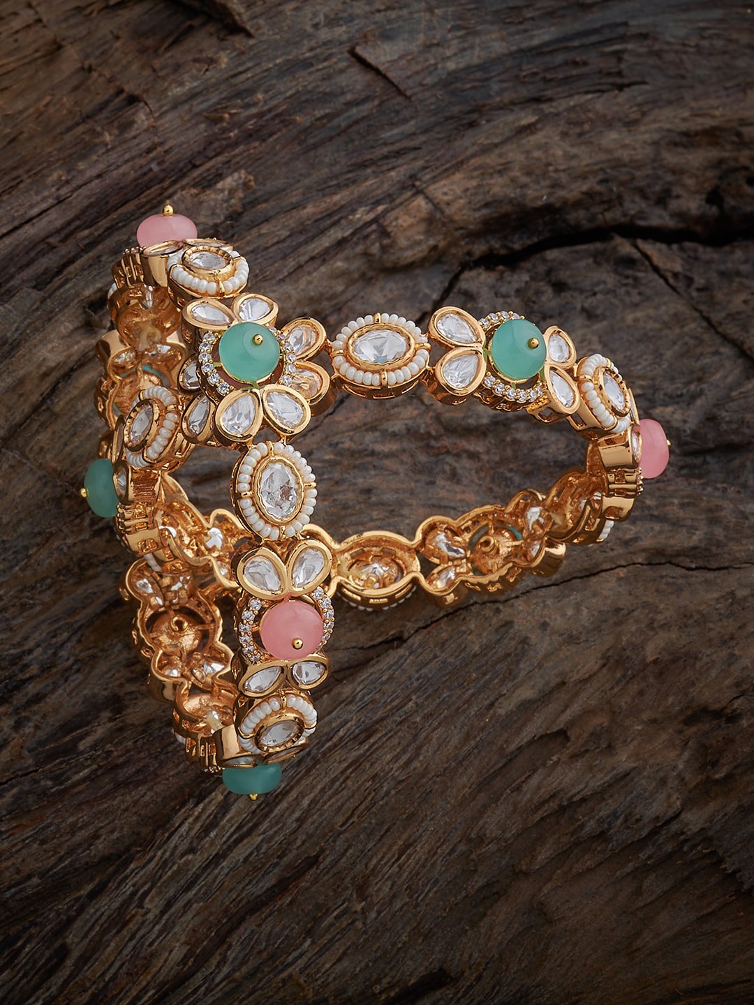

Kushal's Fashion Jewellery Set of 2 Gold-Plated Kundan Stone Studded Bangles