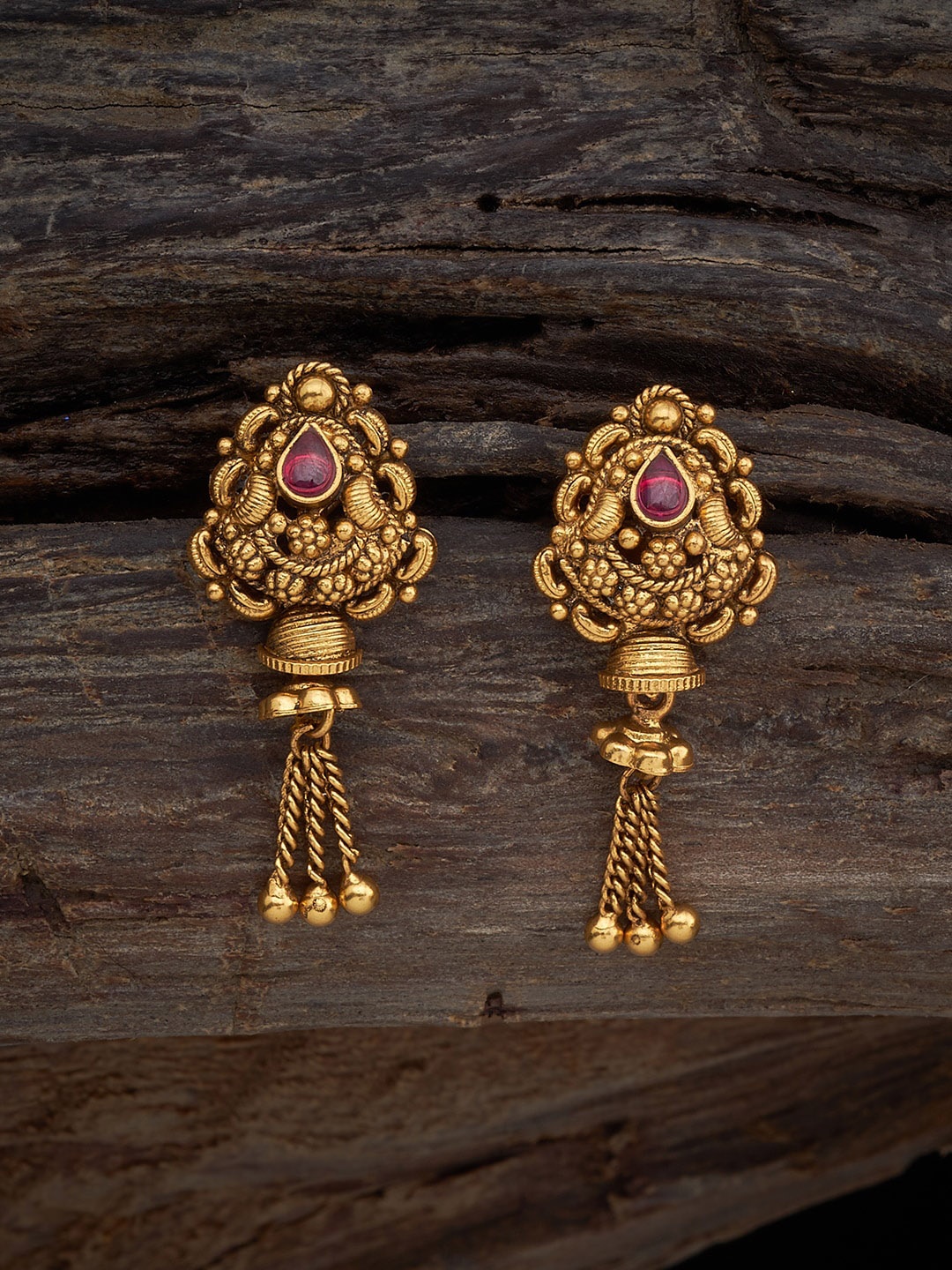 

Kushal's Fashion Jewellery 92.5 Pure Silver Gold-Plated Ruby-Studded Drop Earrings