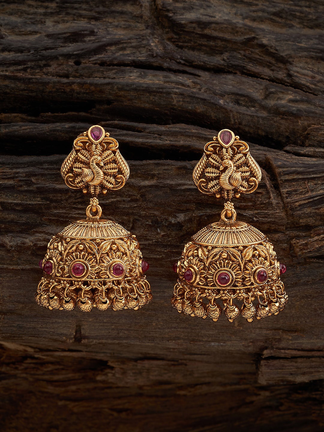 

Kushal's Fashion Jewellery Gold-Plated Ruby-Studded Dome Shaped Jhumkas