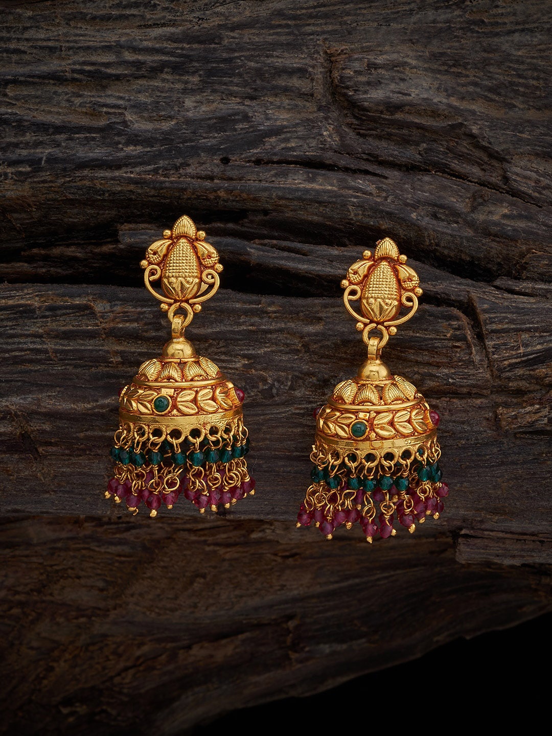 

Kushal's Fashion Jewellery 92.5 Gold-Plated 92.5 Pure Silver Dome Shaped Jhumkas, Red