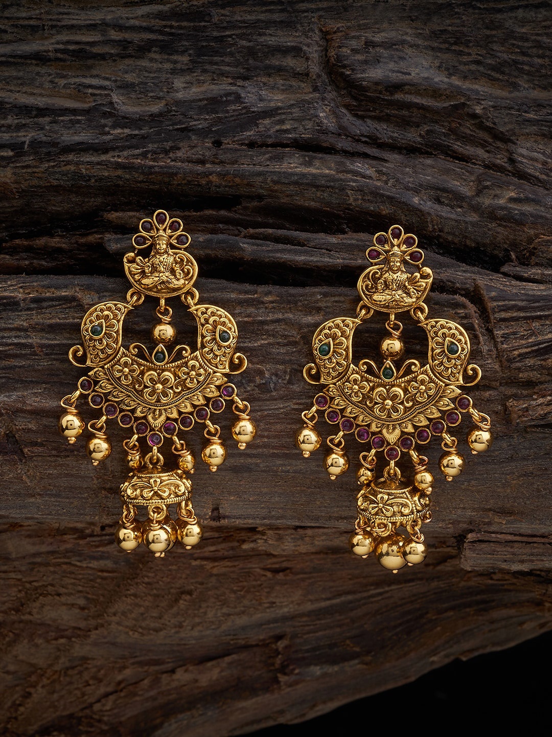 

Kushal's Fashion Jewellery Gold-Plated Artificial Stones 92.5 Pure Silver Jhumkas Earrings, Red