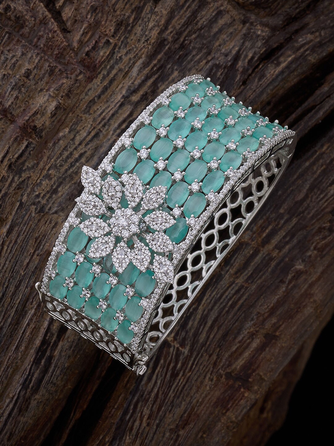 

Kushal's Fashion Jewellery Women Cubic Zirconia Rhodium-Plated Kada Bracelet, Sea green