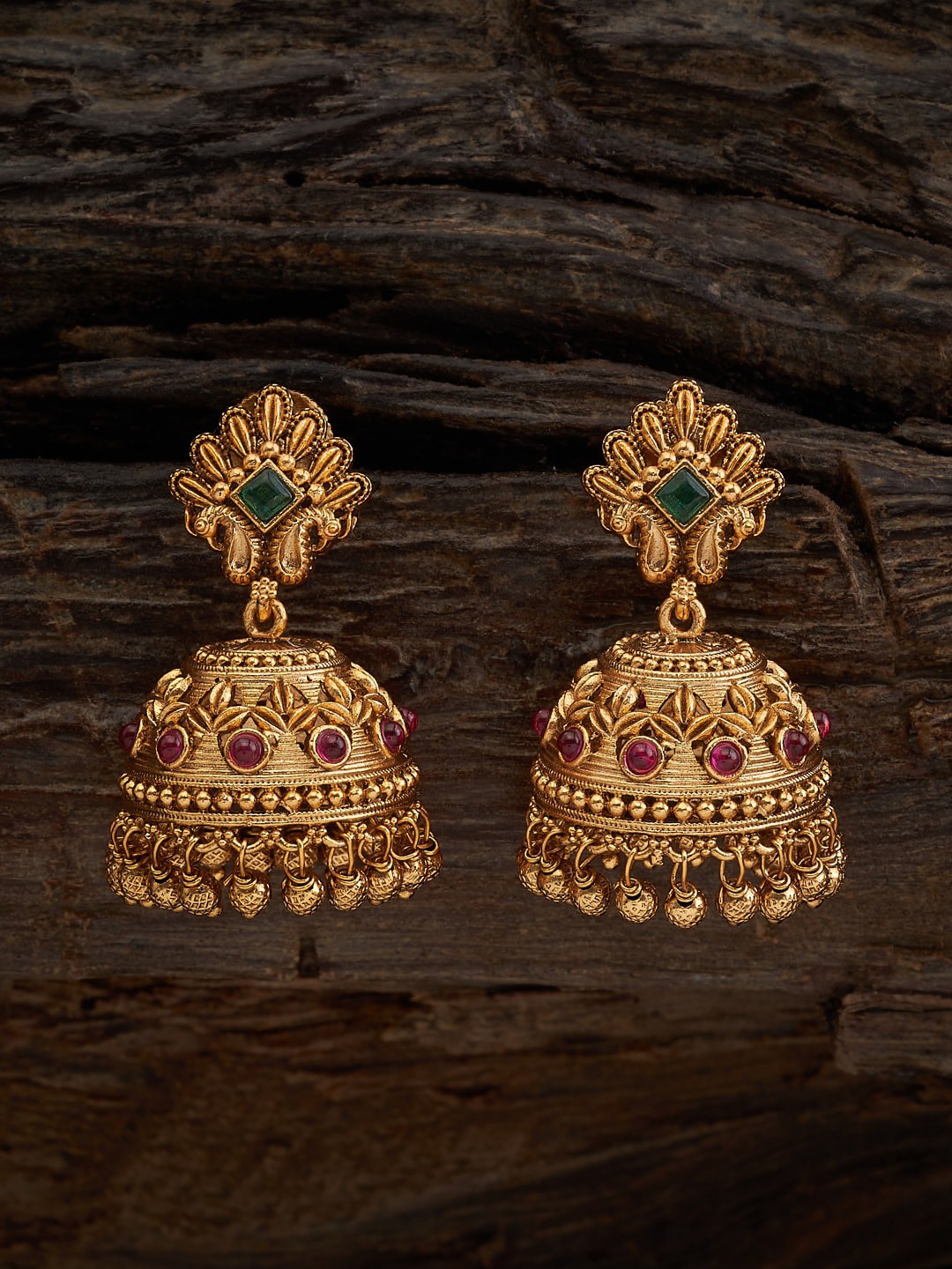 

Kushal's Fashion Jewellery Gold-Plated Artificial Stones Studded Jhumkas Earrings, Red